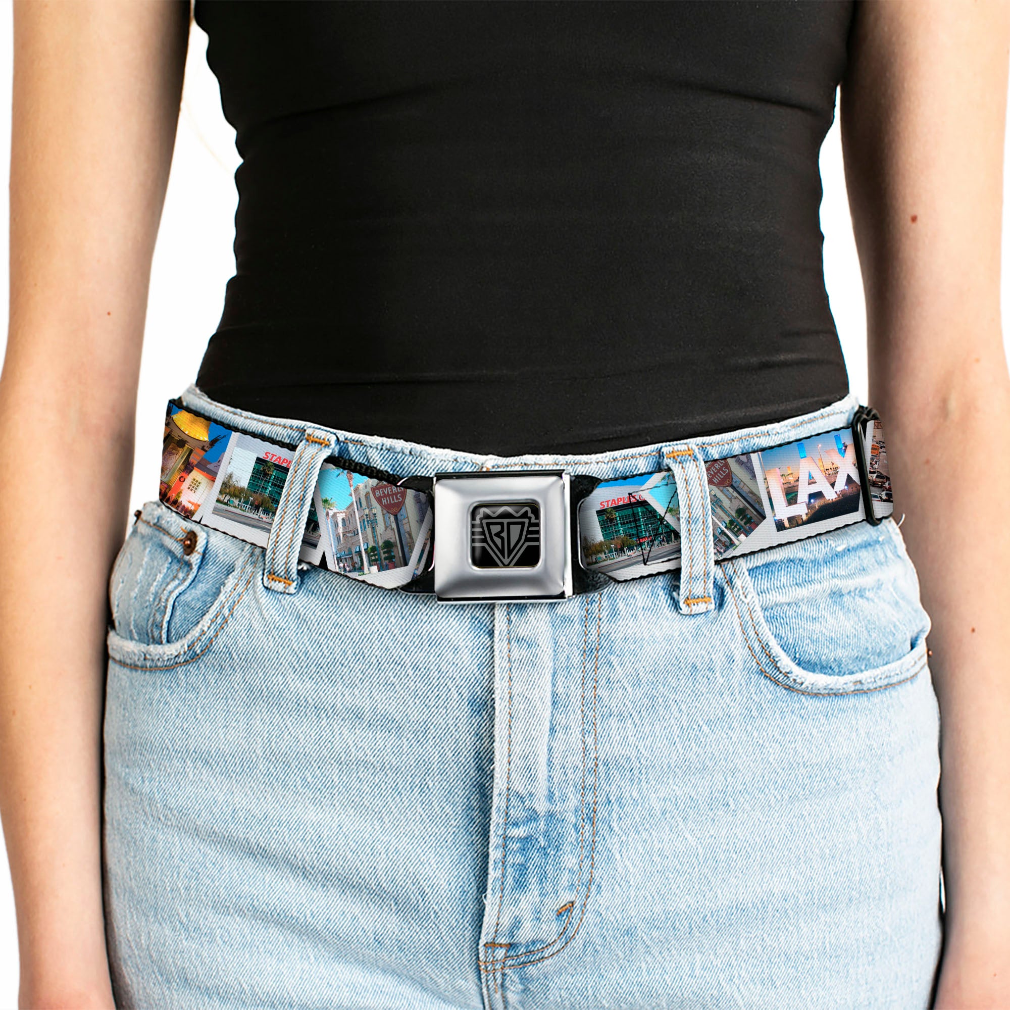BD Wings Logo CLOSE-UP Full Color Black Silver Seatbelt Belt - Vivid Los Angeles Snapshots Stacked Webbing Seatbelt Belts Buckle-Down