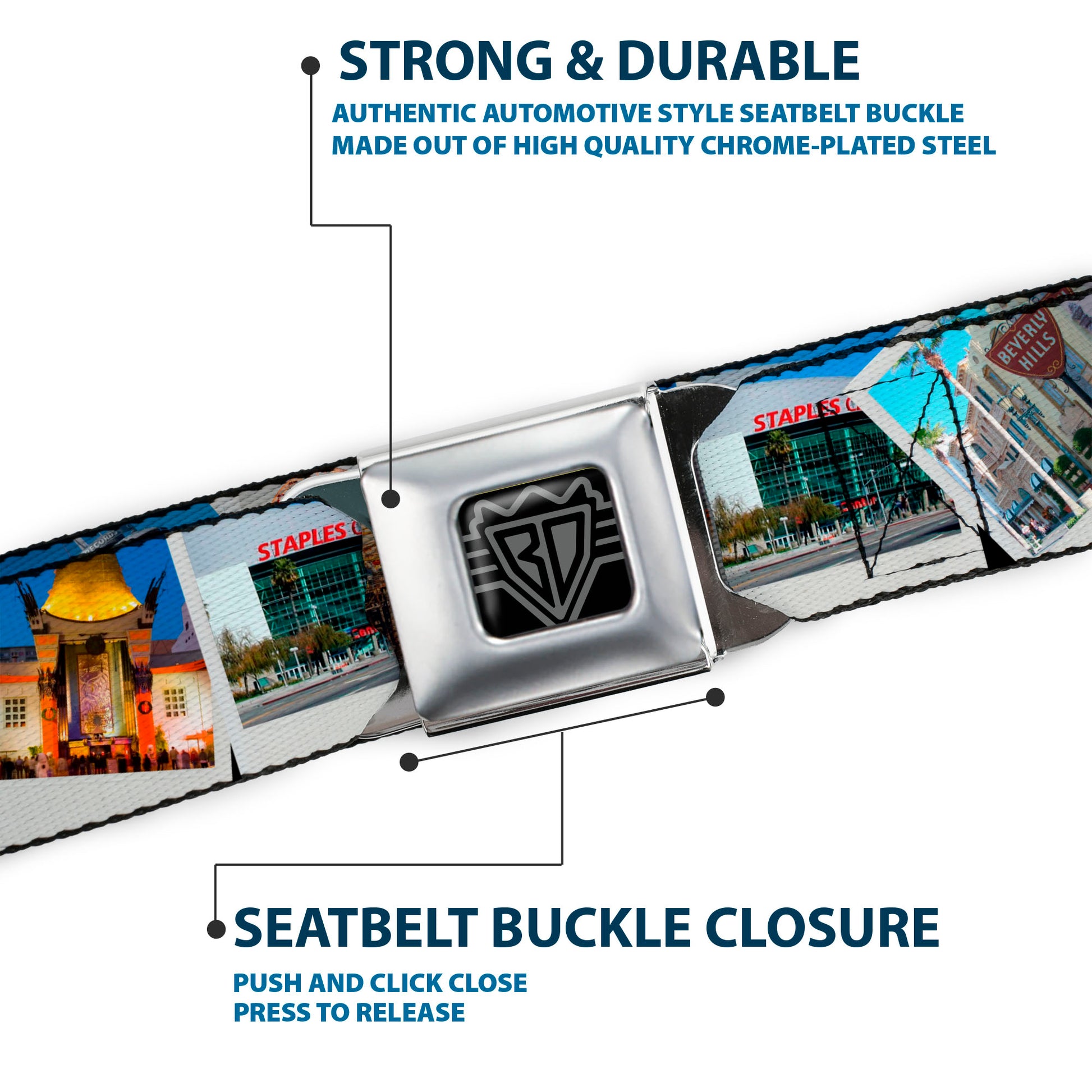 BD Wings Logo CLOSE-UP Full Color Black Silver Seatbelt Belt - Vivid Los Angeles Snapshots Stacked Webbing Seatbelt Belts Buckle-Down