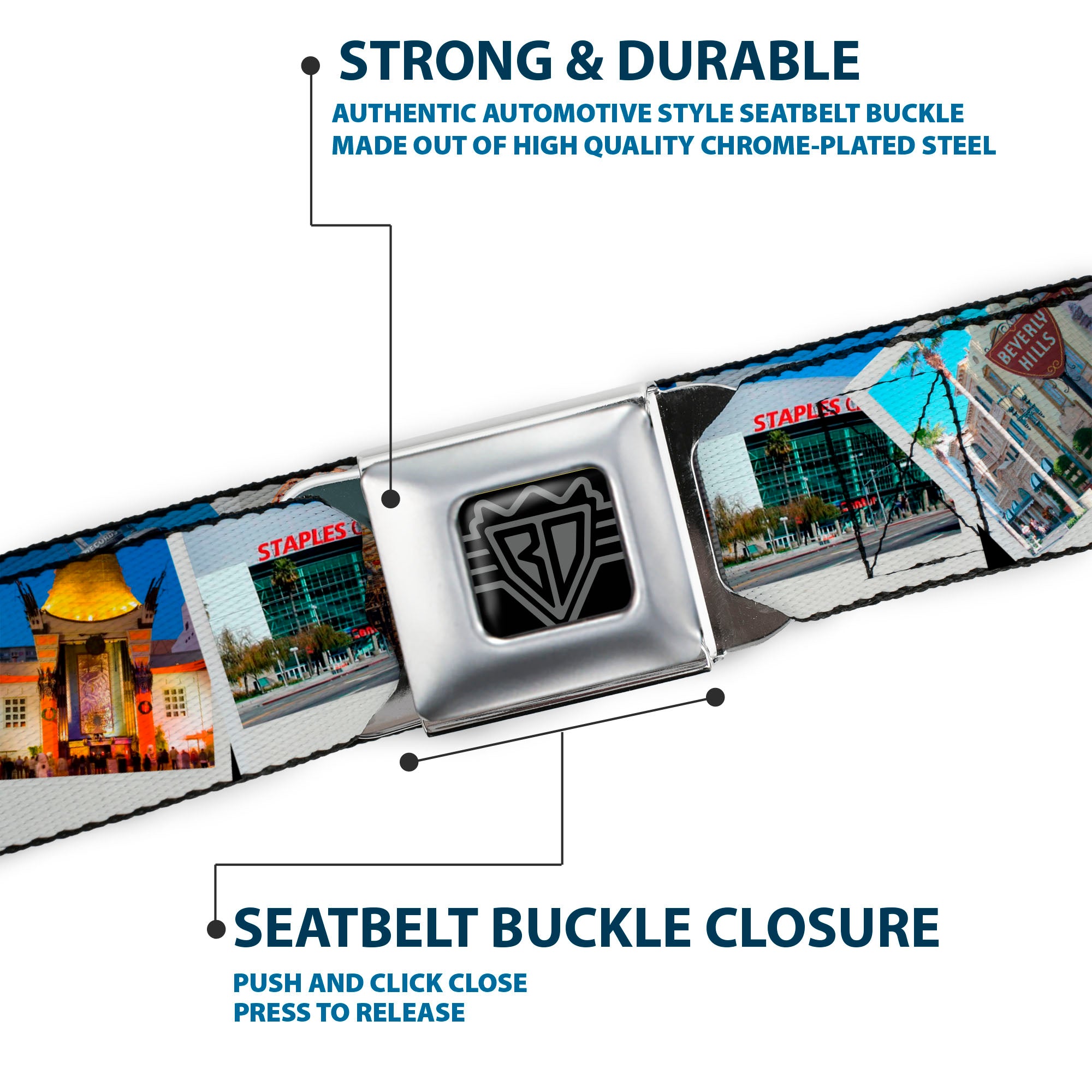 BD Wings Logo CLOSE-UP Full Color Black Silver Seatbelt Belt - Vivid Los Angeles Snapshots Stacked Webbing Seatbelt Belts Buckle-Down