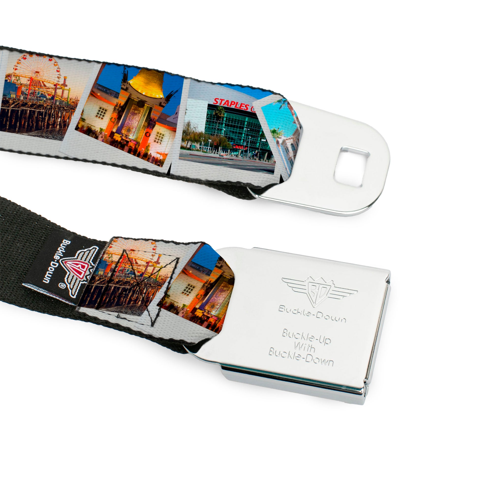 BD Wings Logo CLOSE-UP Full Color Black Silver Seatbelt Belt - Vivid Los Angeles Snapshots Stacked Webbing Seatbelt Belts Buckle-Down