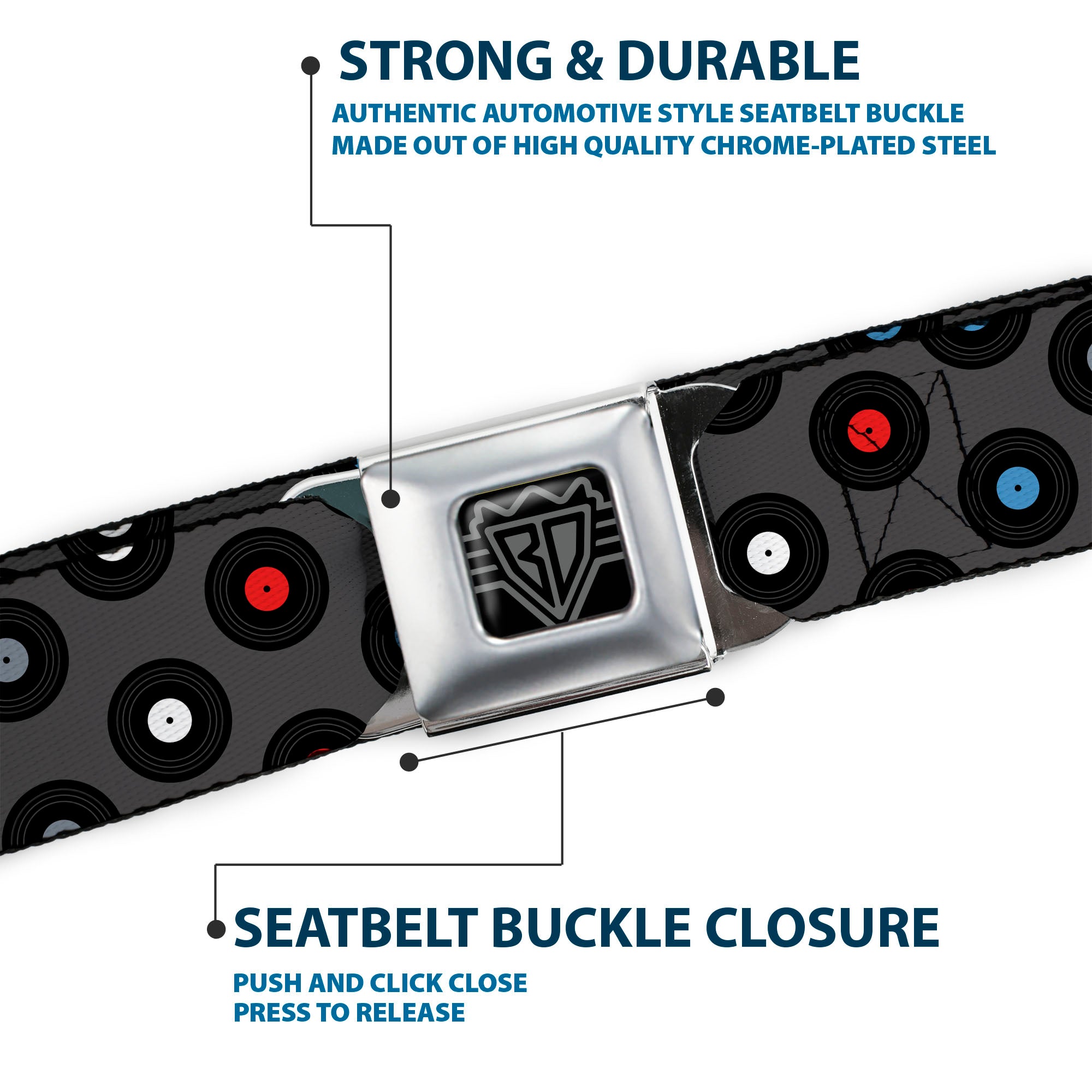 BD Wings Logo CLOSE-UP Full Color Black Silver Seatbelt Belt - Vinyl Records Gray/Black/Red/Blue/White Webbing Seatbelt Belts Buckle-Down