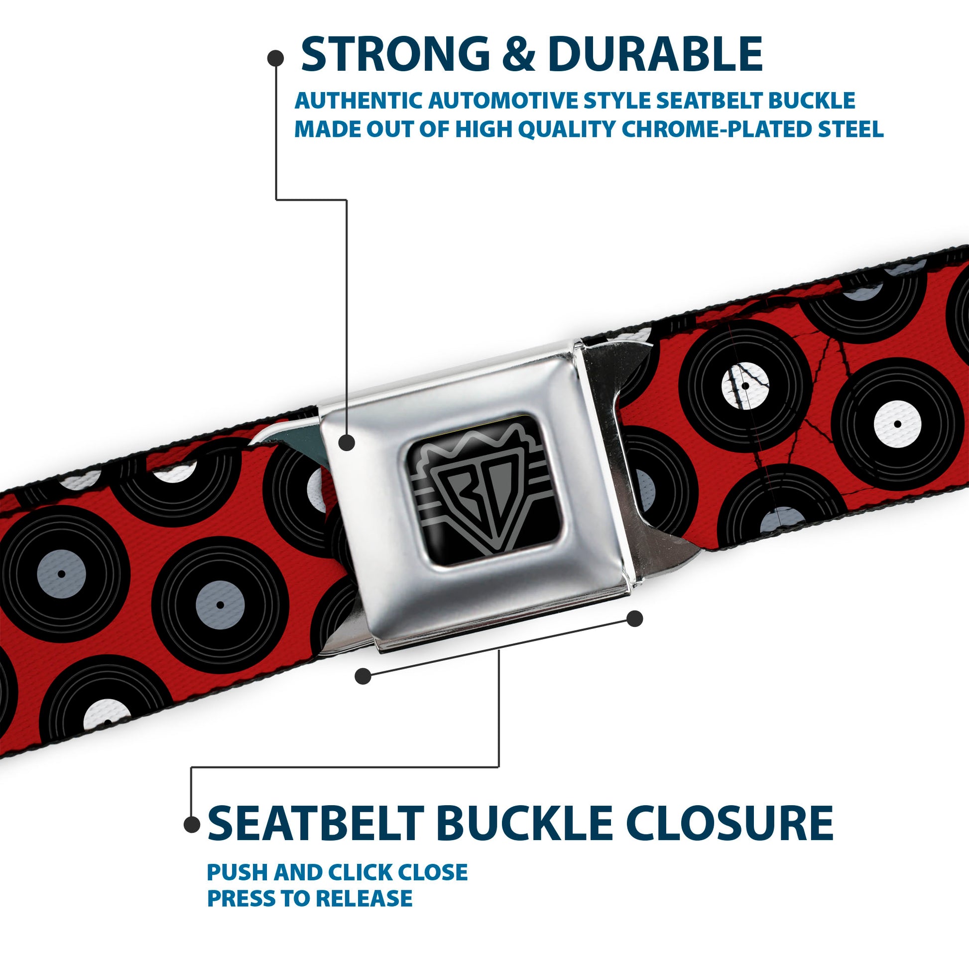 BD Wings Logo CLOSE-UP Full Color Black Silver Seatbelt Belt - Vinyl Records Red/Black/Gray/White Webbing Seatbelt Belts Buckle-Down