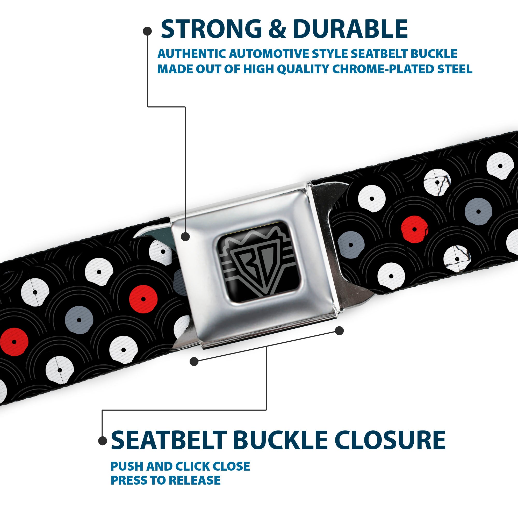 BD Wings Logo CLOSE-UP Full Color Black Silver Seatbelt Belt - Vinyl Records Stacked Black/Gray/Red/White Webbing Seatbelt Belts Buckle-Down