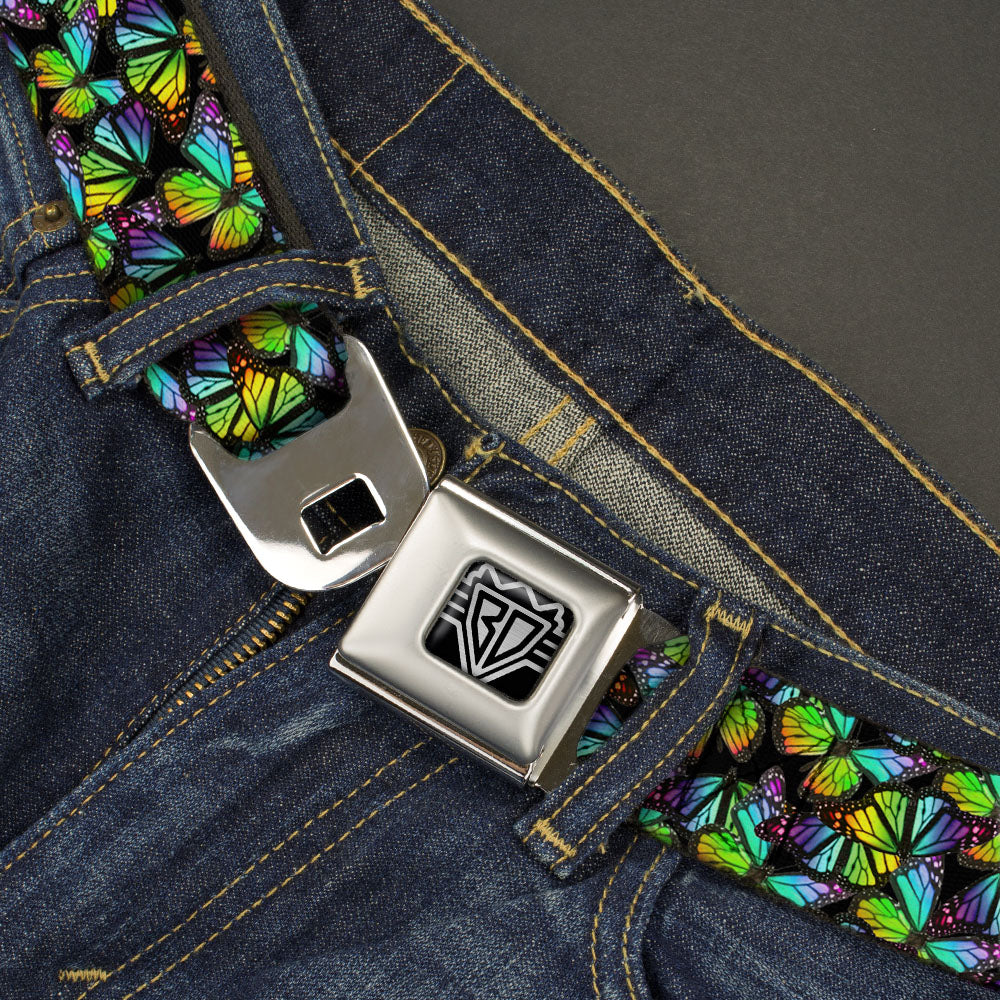BD Wings Logo CLOSE-UP Full Color Black Silver Seatbelt Belt - Vivid Butterfly Garden2 Black/Multi Color Webbing Seatbelt Belts Buckle-Down