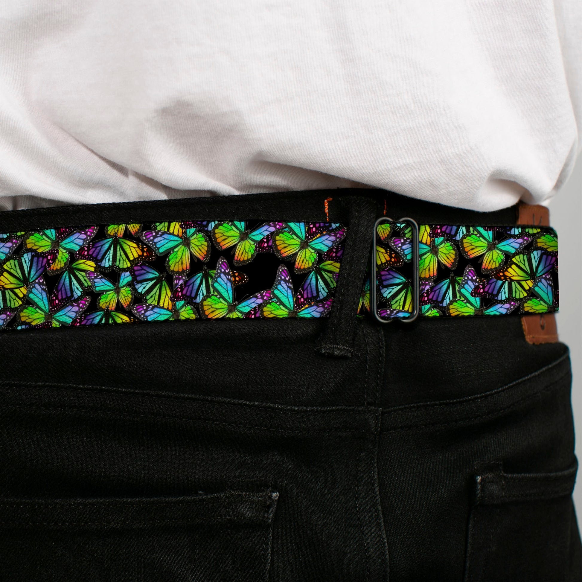 BD Wings Logo CLOSE-UP Full Color Black Silver Seatbelt Belt - Vivid Butterfly Garden2 Black/Multi Color Webbing Seatbelt Belts Buckle-Down