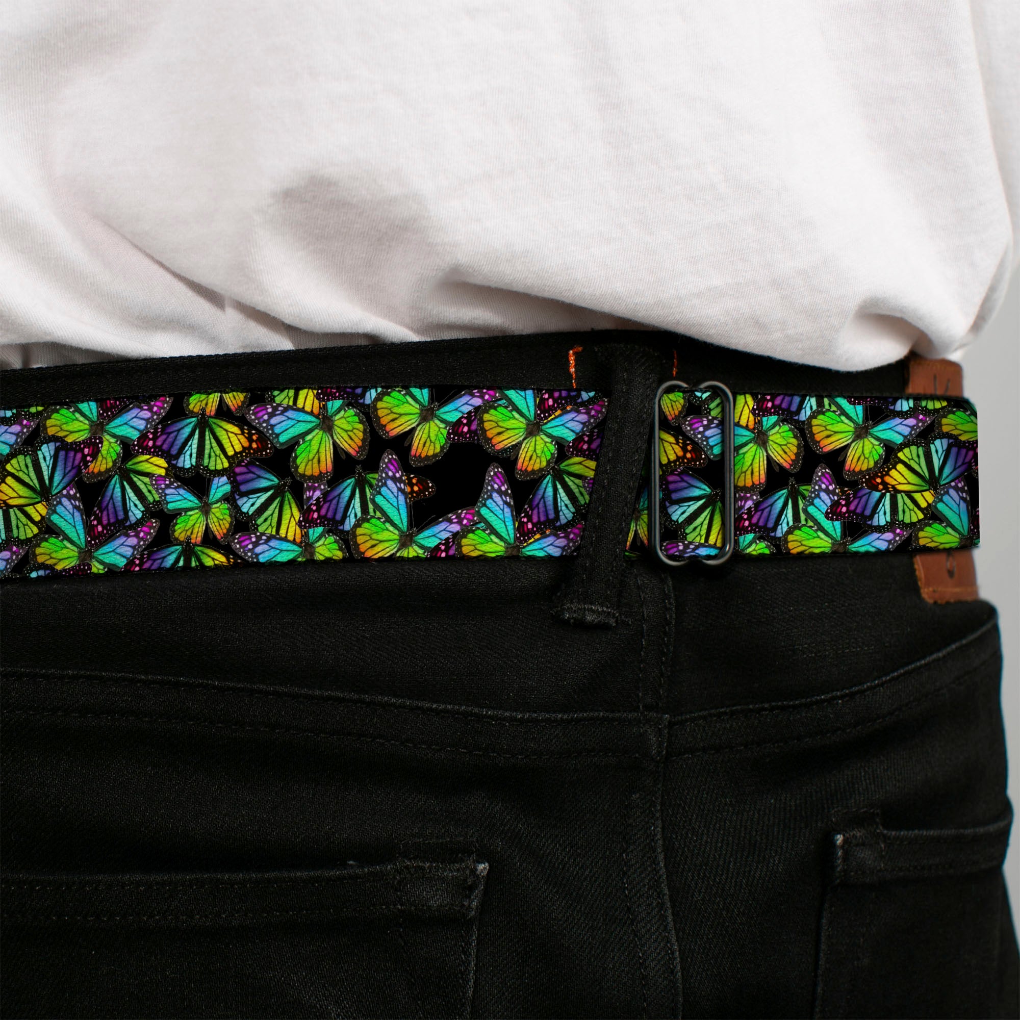 BD Wings Logo CLOSE-UP Full Color Black Silver Seatbelt Belt - Vivid Butterfly Garden2 Black/Multi Color Webbing Seatbelt Belts Buckle-Down
