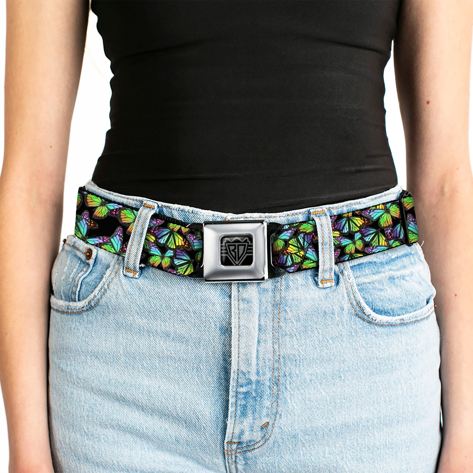BD Wings Logo CLOSE-UP Full Color Black Silver Seatbelt Belt - Vivid Butterfly Garden2 Black/Multi Color Webbing Seatbelt Belts Buckle-Down