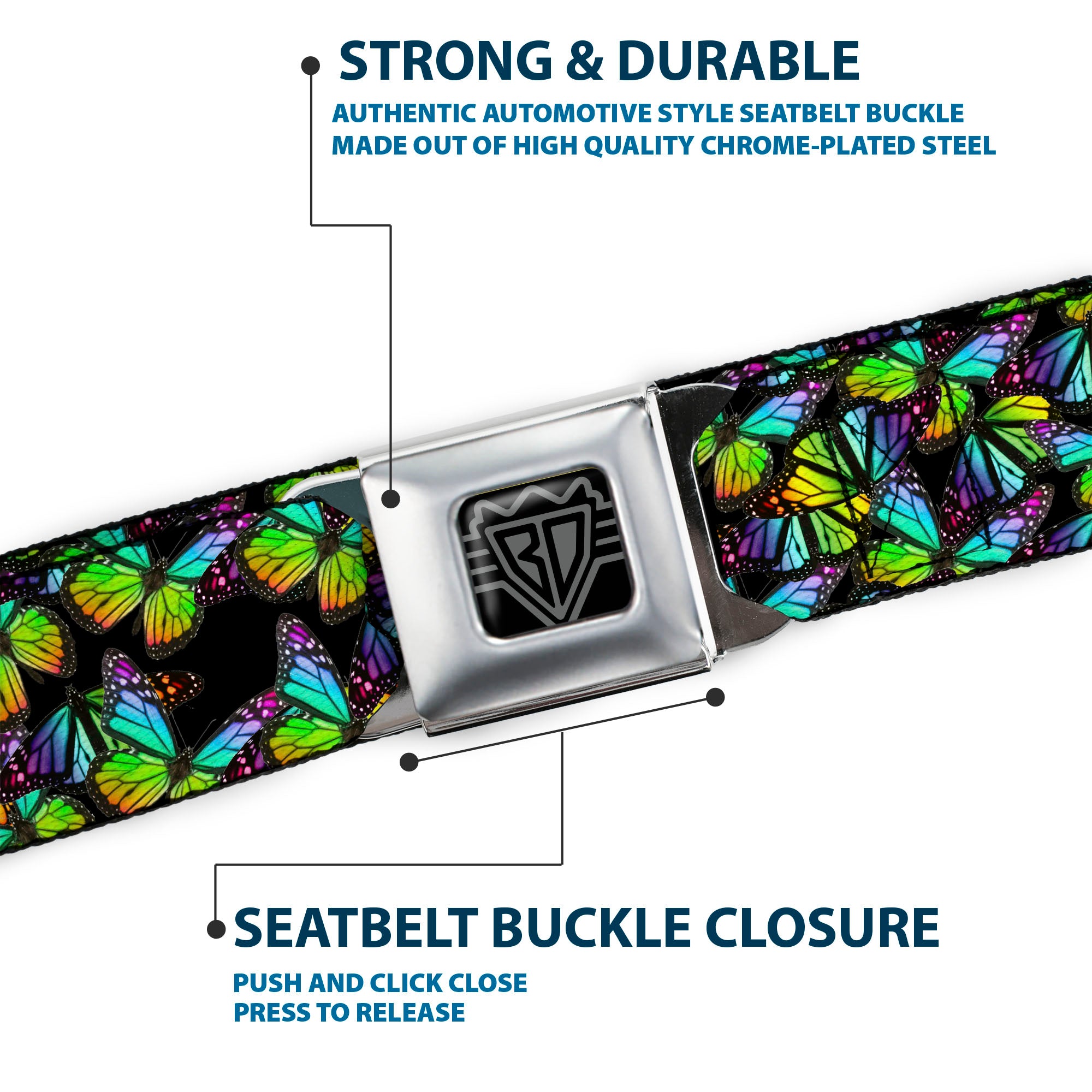 BD Wings Logo CLOSE-UP Full Color Black Silver Seatbelt Belt - Vivid Butterfly Garden2 Black/Multi Color Webbing Seatbelt Belts Buckle-Down