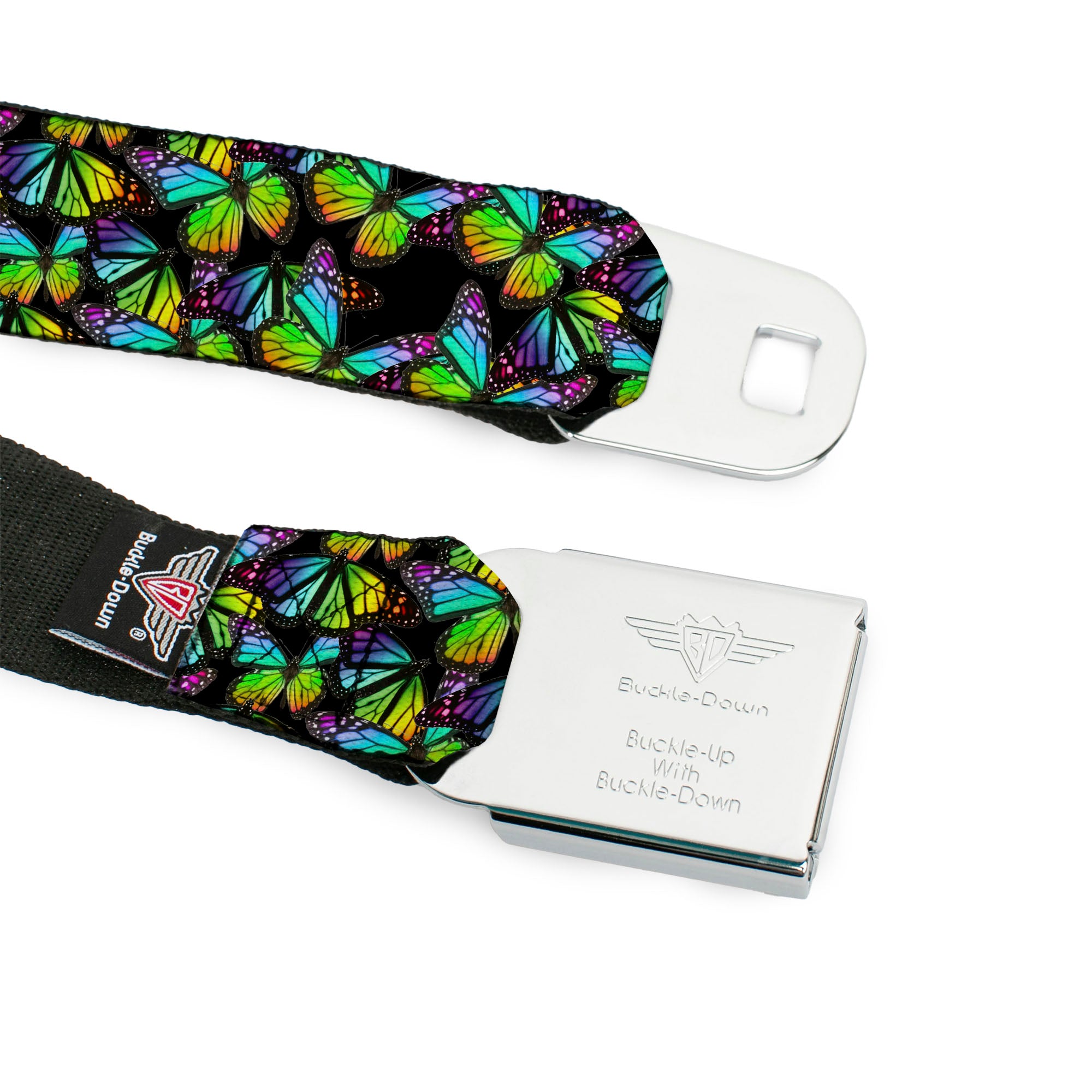 BD Wings Logo CLOSE-UP Full Color Black Silver Seatbelt Belt - Vivid Butterfly Garden2 Black/Multi Color Webbing Seatbelt Belts Buckle-Down