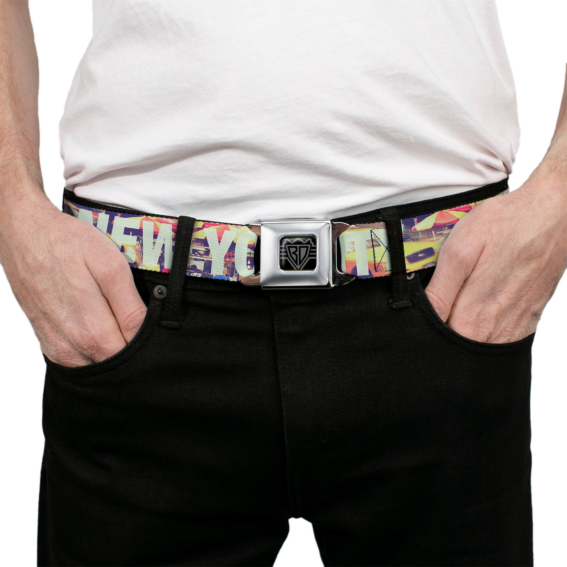 BD Wings Logo CLOSE-UP Full Color Black Silver Seatbelt Belt - Vivid NEW YORK CITY Street Scenes Webbing Seatbelt Belts Buckle-Down