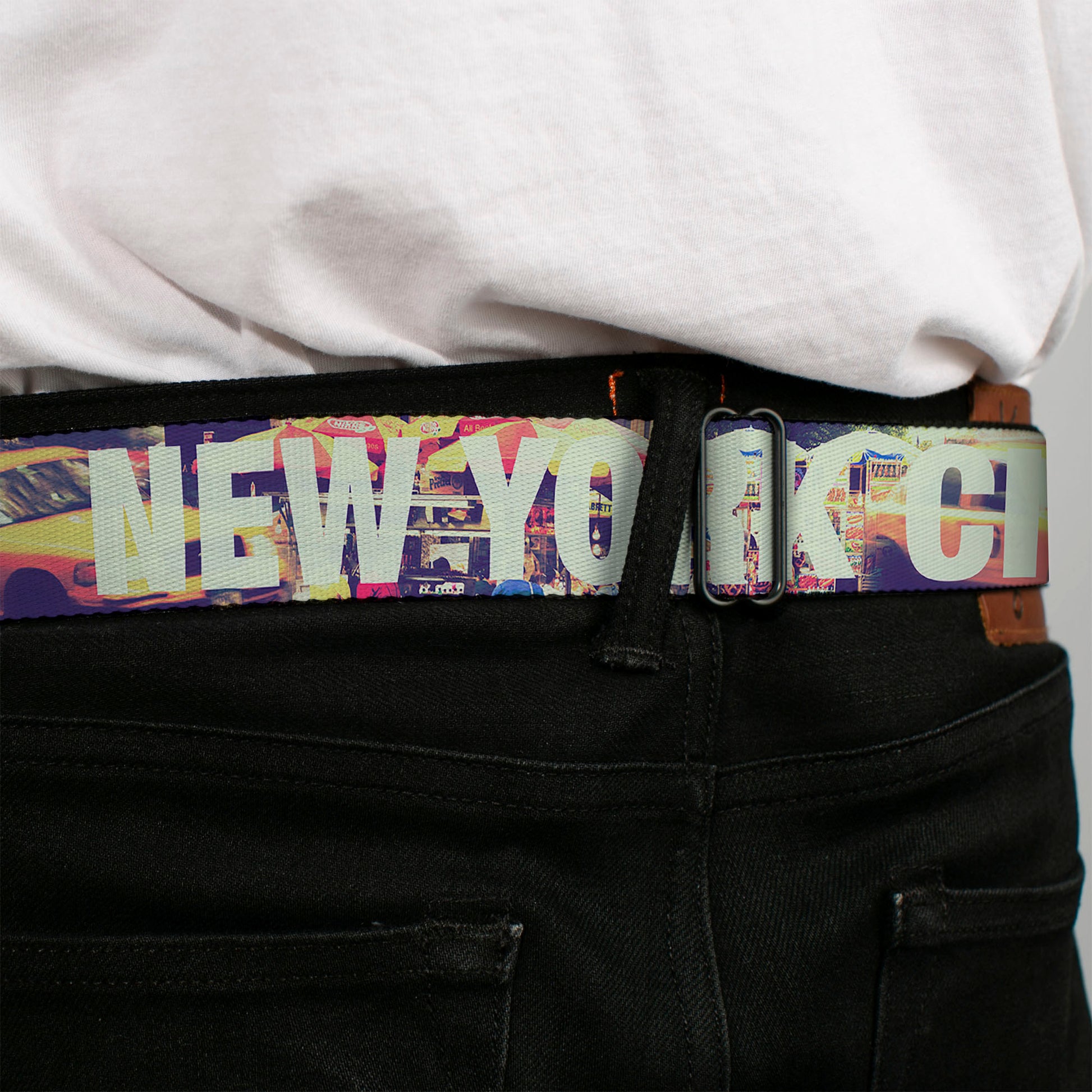 BD Wings Logo CLOSE-UP Full Color Black Silver Seatbelt Belt - Vivid NEW YORK CITY Street Scenes Webbing Seatbelt Belts Buckle-Down