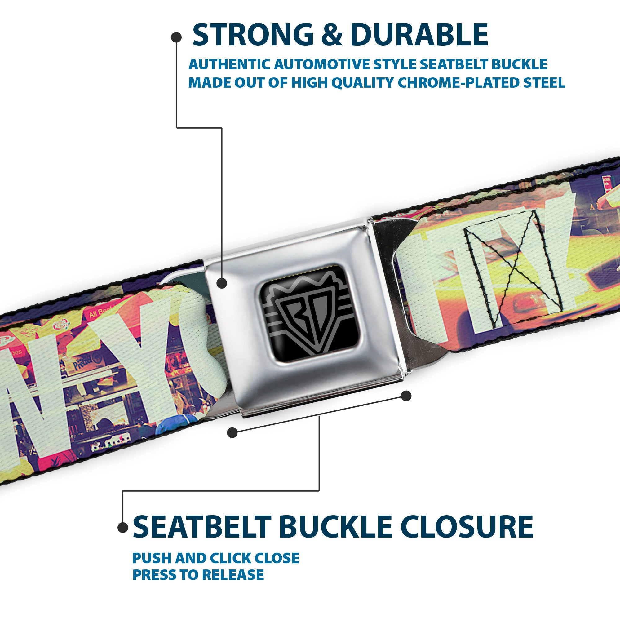 BD Wings Logo CLOSE-UP Full Color Black Silver Seatbelt Belt - Vivid NEW YORK CITY Street Scenes Webbing Seatbelt Belts Buckle-Down