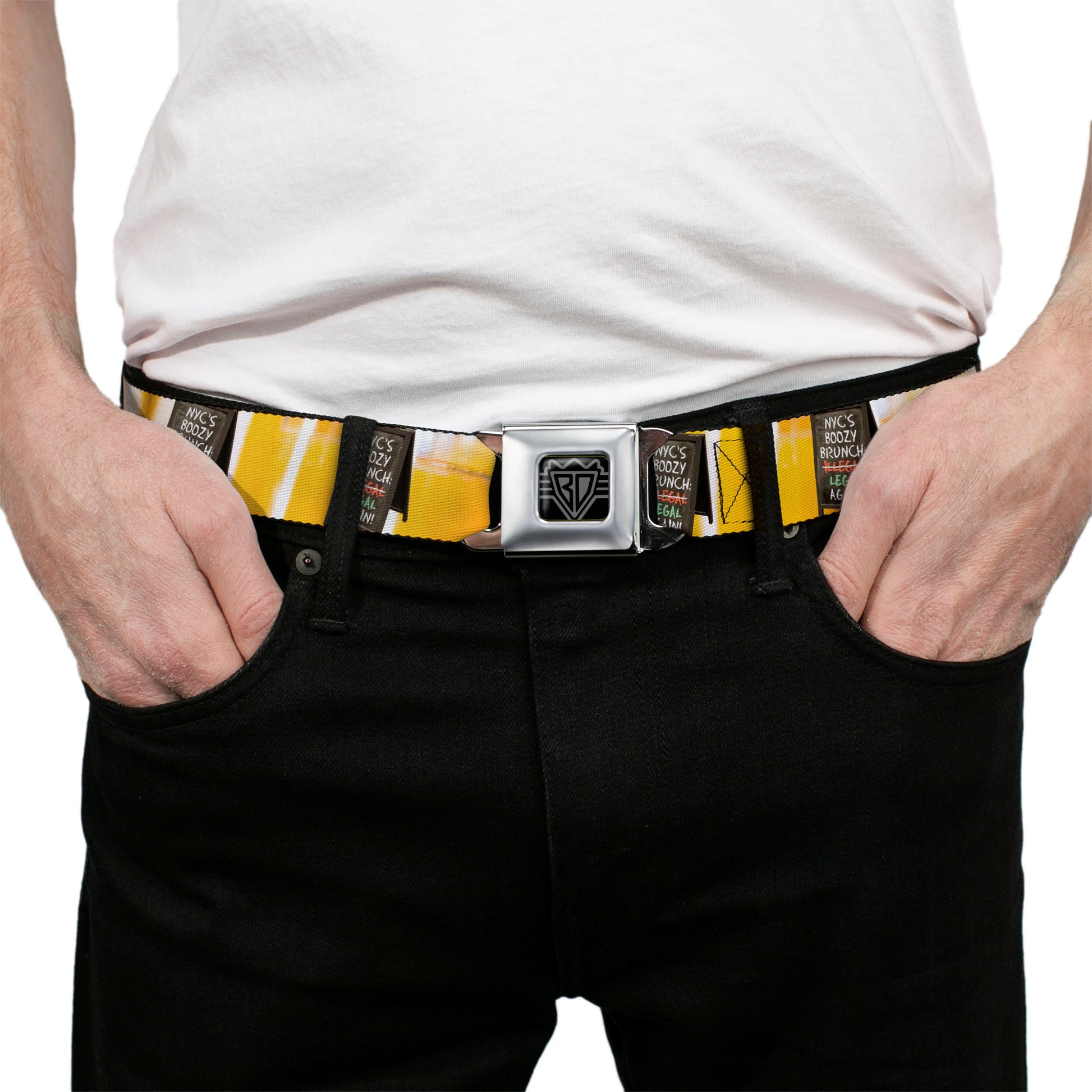 BD Wings Logo CLOSE-UP Full Color Black Silver Seatbelt Belt - Vivid NYC Brunch Sign/Mimosa Webbing Seatbelt Belts Buckle-Down