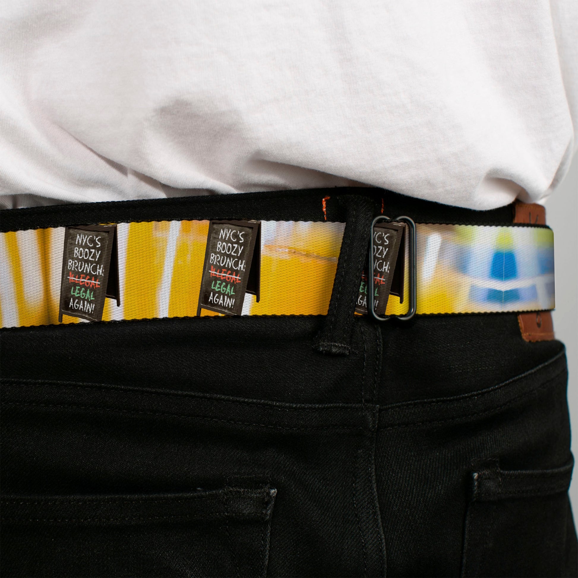 BD Wings Logo CLOSE-UP Full Color Black Silver Seatbelt Belt - Vivid NYC Brunch Sign/Mimosa Webbing Seatbelt Belts Buckle-Down