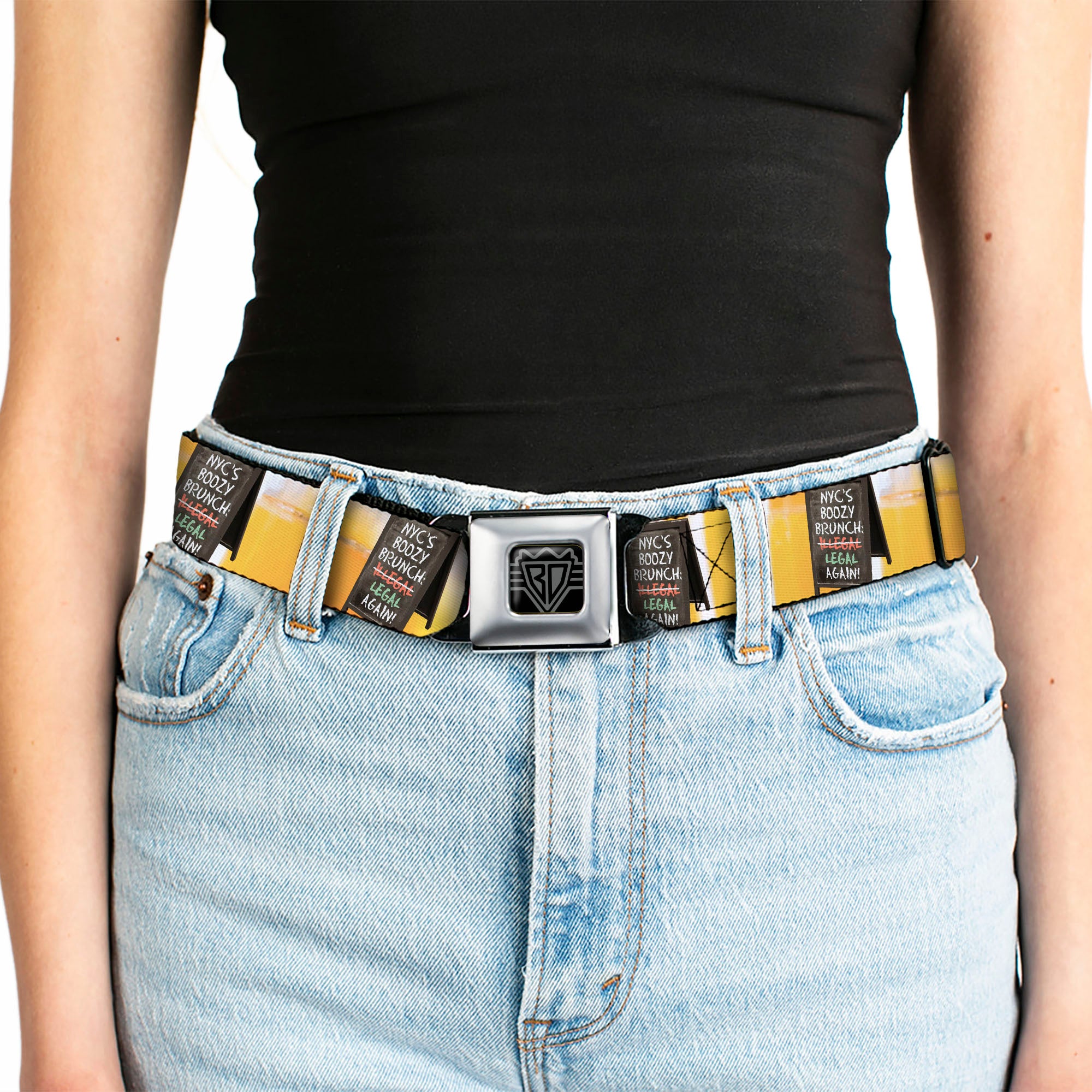 BD Wings Logo CLOSE-UP Full Color Black Silver Seatbelt Belt - Vivid NYC Brunch Sign/Mimosa Webbing Seatbelt Belts Buckle-Down
