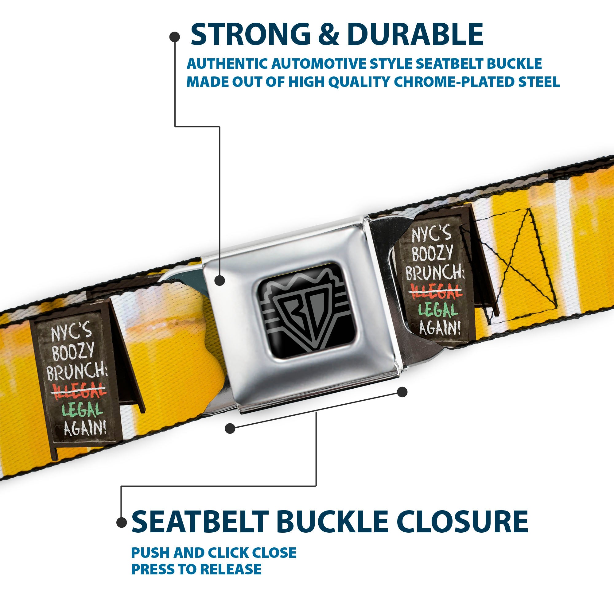 BD Wings Logo CLOSE-UP Full Color Black Silver Seatbelt Belt - Vivid NYC Brunch Sign/Mimosa Webbing Seatbelt Belts Buckle-Down
