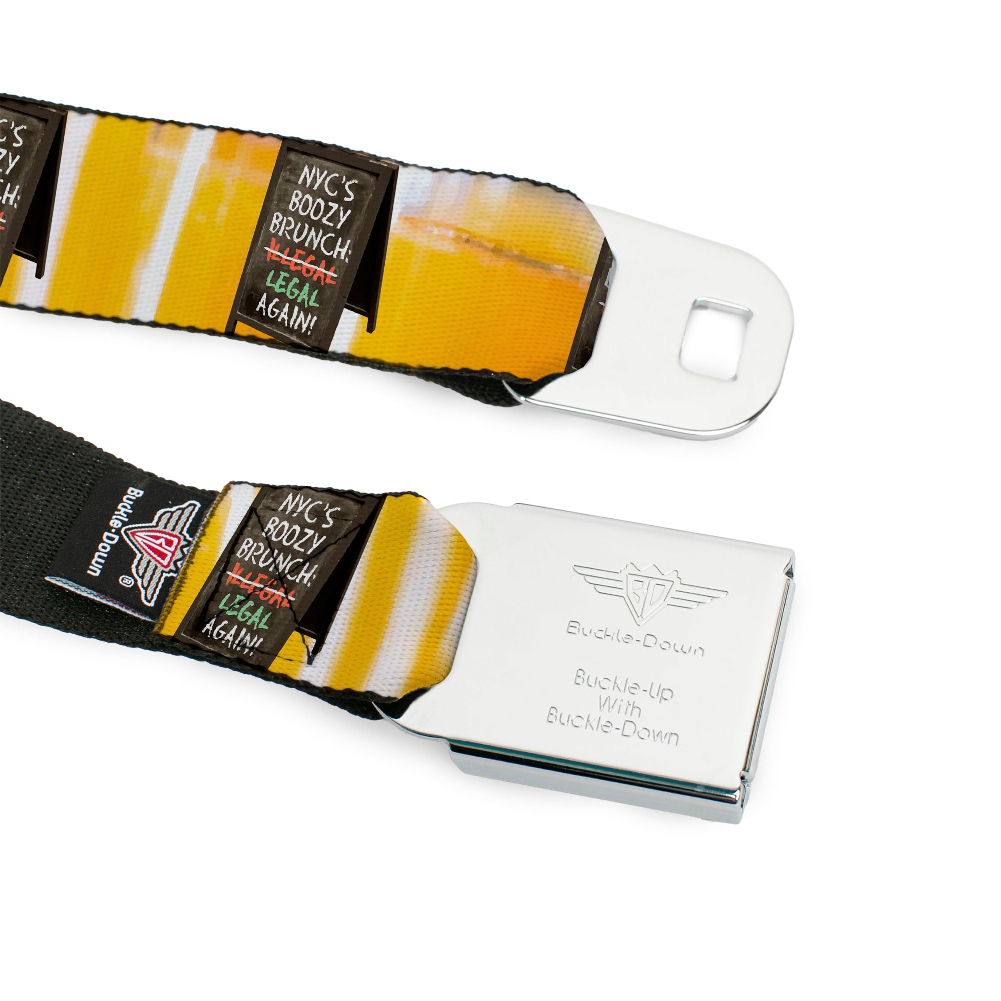 BD Wings Logo CLOSE-UP Full Color Black Silver Seatbelt Belt - Vivid NYC Brunch Sign/Mimosa Webbing Seatbelt Belts Buckle-Down