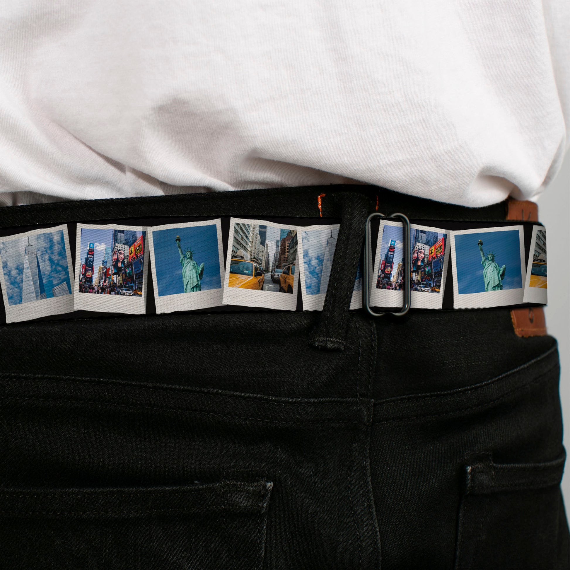 BD Wings Logo CLOSE-UP Black/Silver Seatbelt Belt - Vivid New York City Snapshots Stacked Webbing Seatbelt Belts Buckle-Down