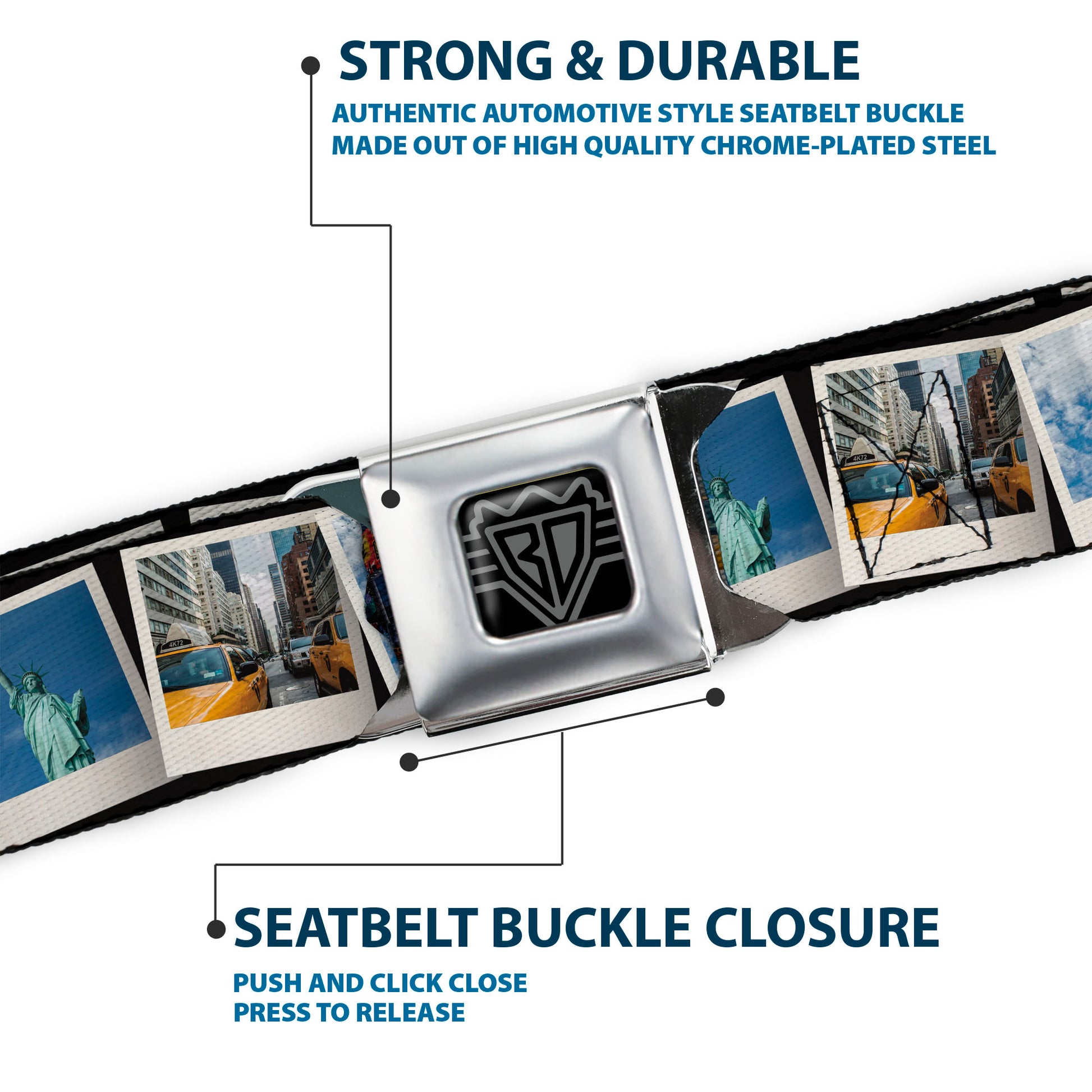 BD Wings Logo CLOSE-UP Black/Silver Seatbelt Belt - Vivid New York City Snapshots Stacked Webbing Seatbelt Belts Buckle-Down