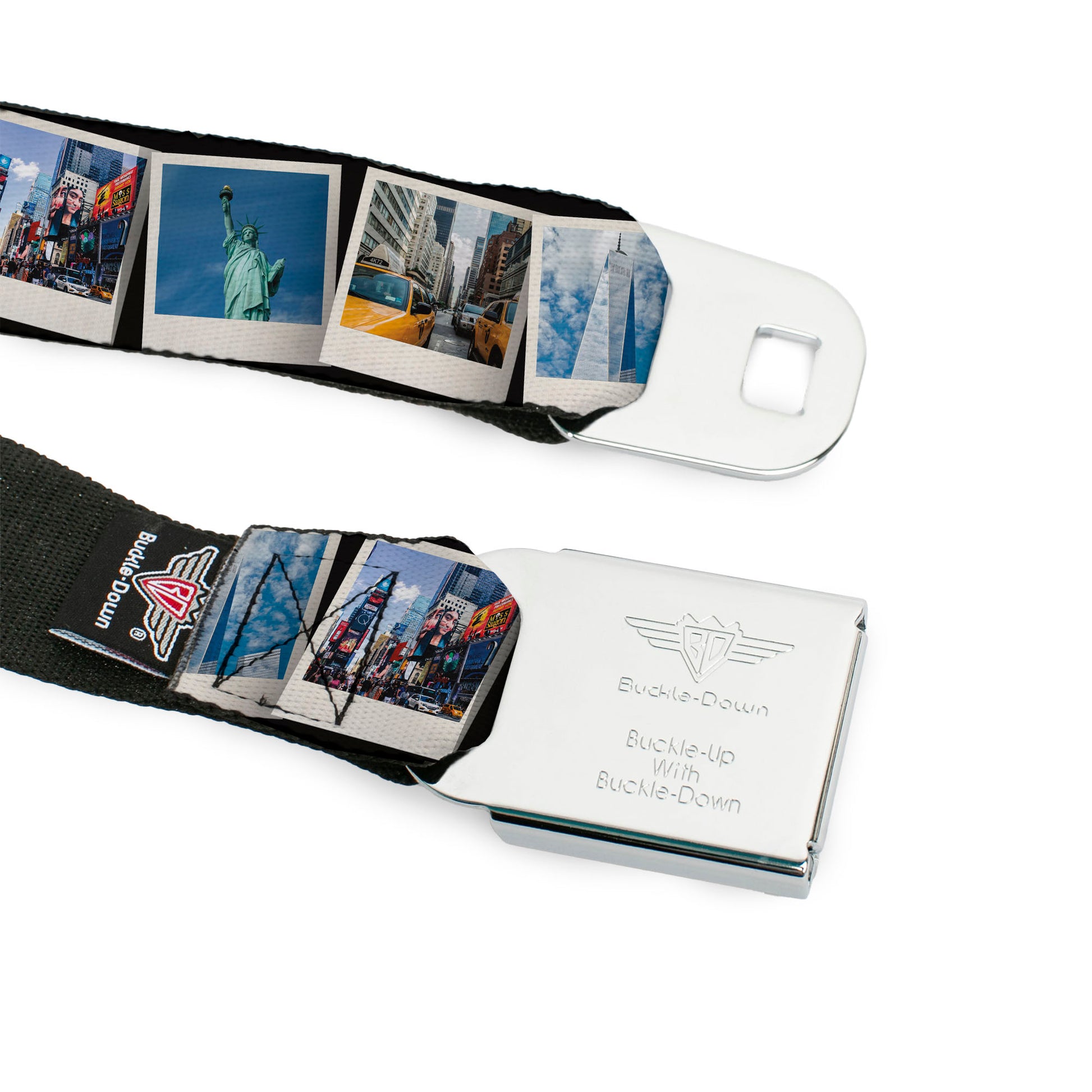 BD Wings Logo CLOSE-UP Black/Silver Seatbelt Belt - Vivid New York City Snapshots Stacked Webbing Seatbelt Belts Buckle-Down