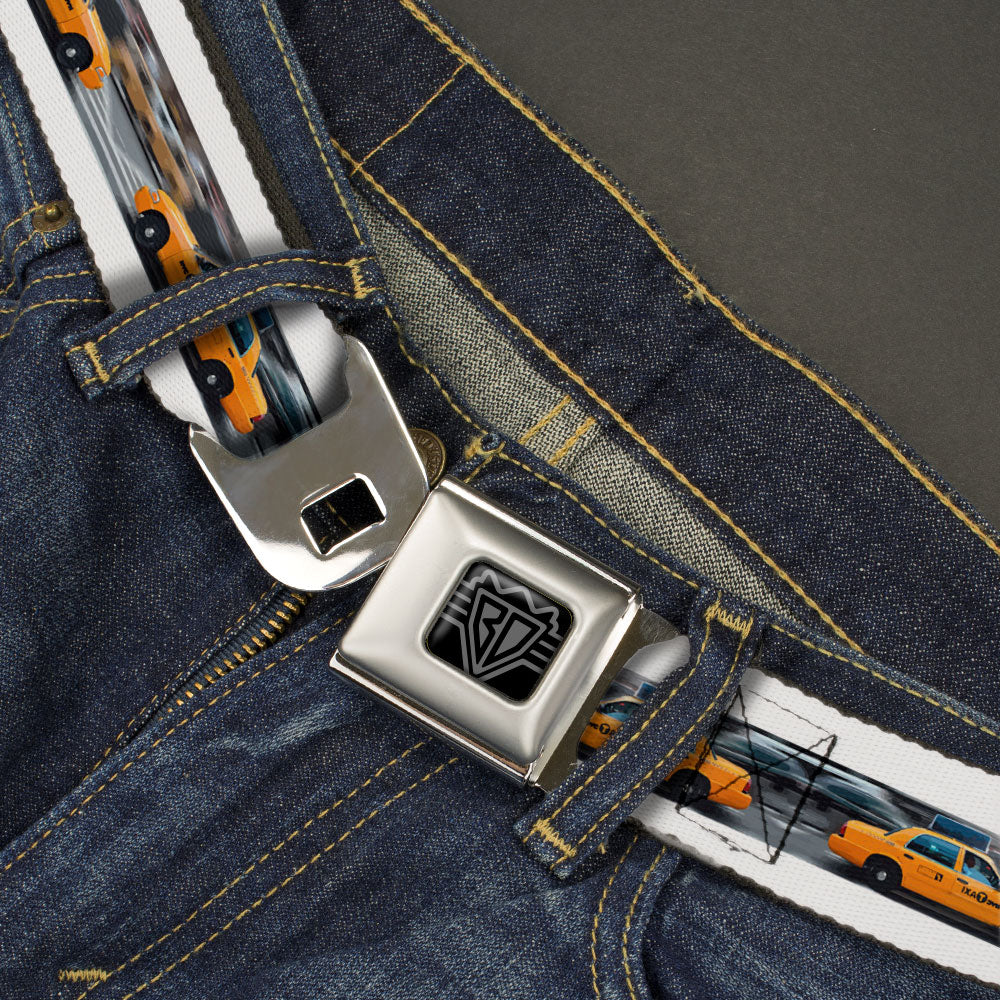 BD Wings Logo CLOSE-UP Black/Silver Seatbelt Belt - Vivid NYC Taxi Cab Street Scene Webbing Seatbelt Belts Buckle-Down