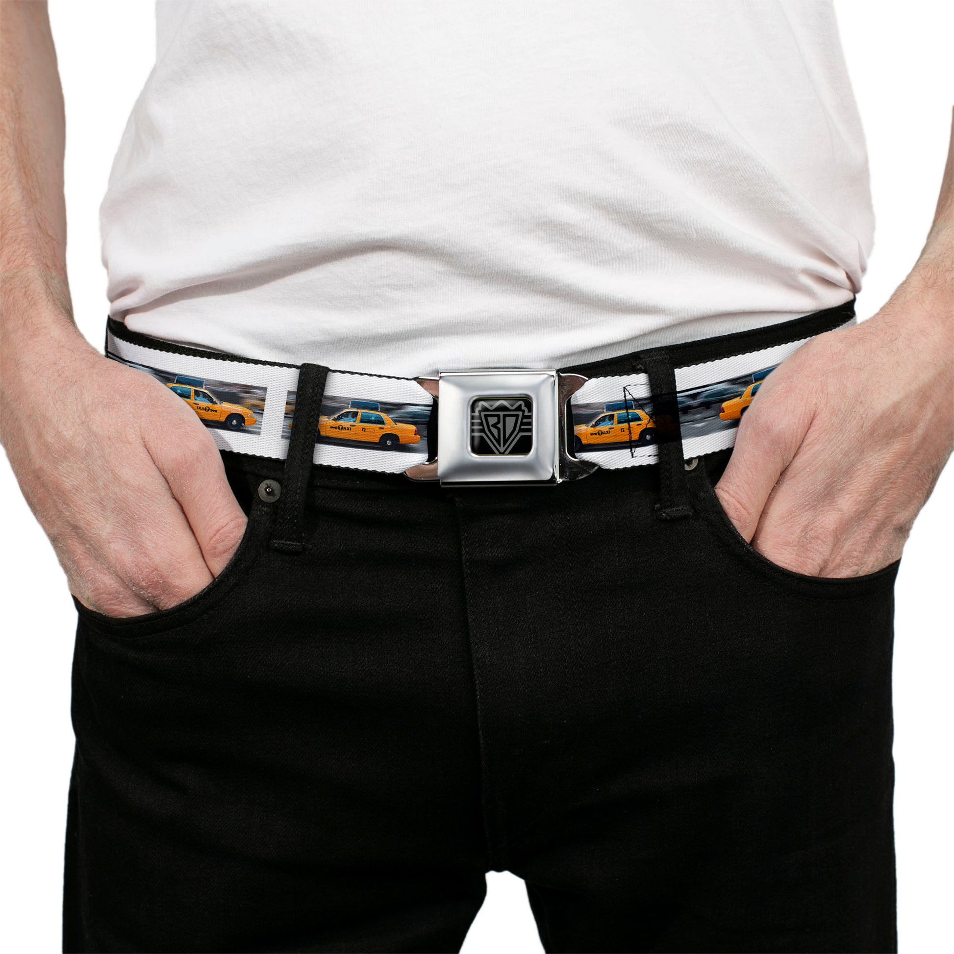 BD Wings Logo CLOSE-UP Black/Silver Seatbelt Belt - Vivid NYC Taxi Cab Street Scene Webbing Seatbelt Belts Buckle-Down