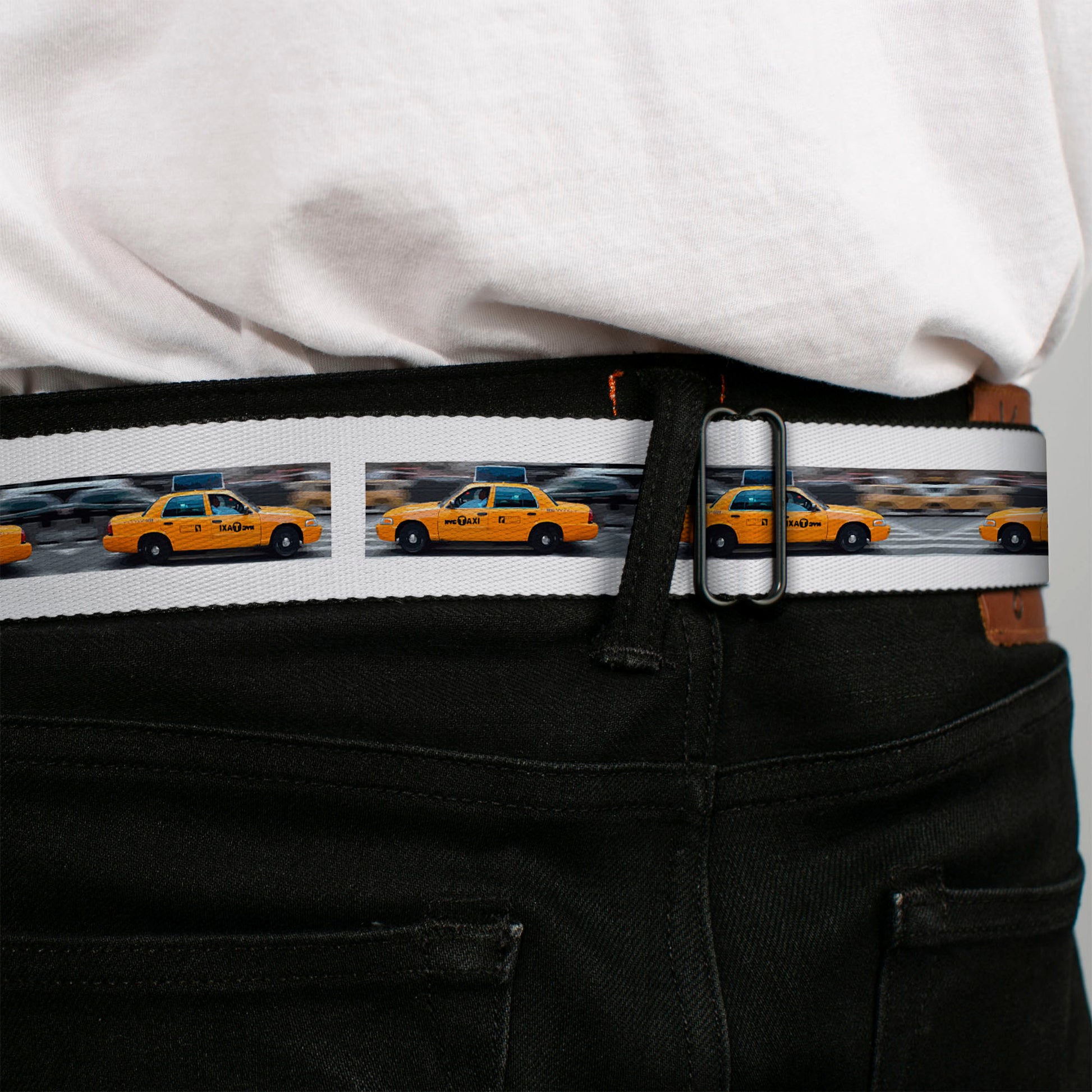 BD Wings Logo CLOSE-UP Black/Silver Seatbelt Belt - Vivid NYC Taxi Cab Street Scene Webbing Seatbelt Belts Buckle-Down