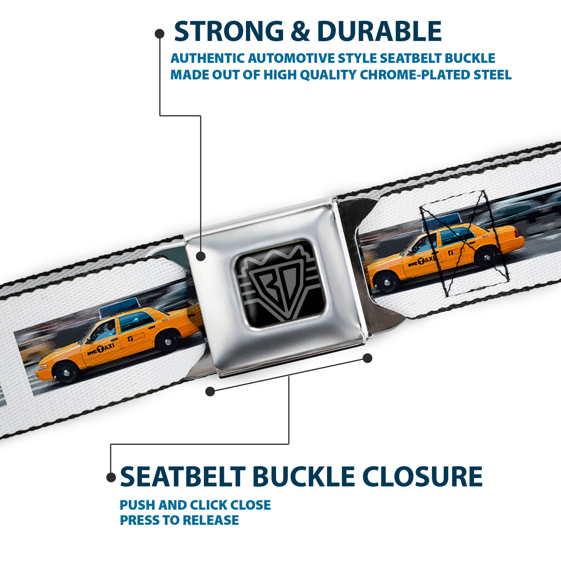 BD Wings Logo CLOSE-UP Black/Silver Seatbelt Belt - Vivid NYC Taxi Cab Street Scene Webbing Seatbelt Belts Buckle-Down