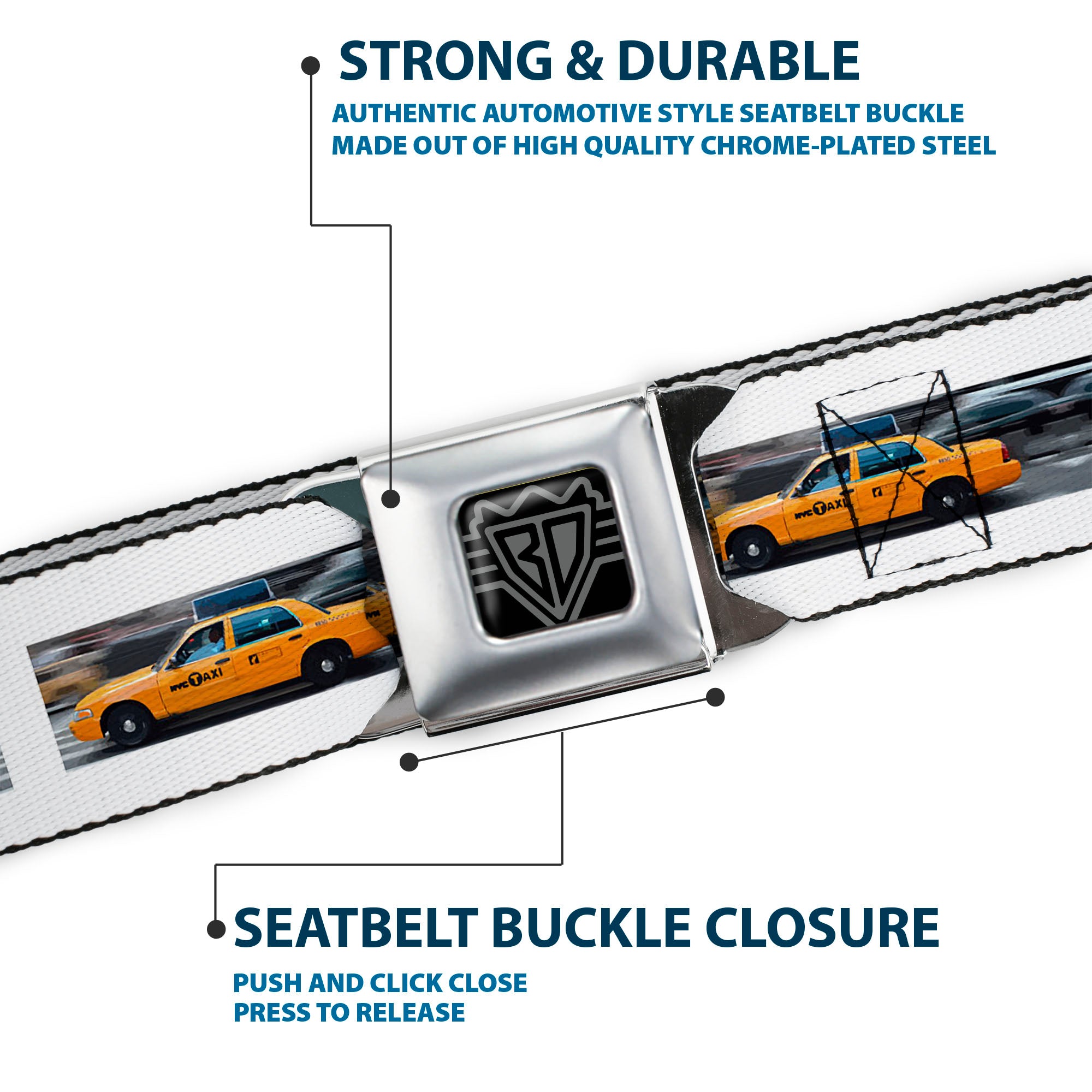 BD Wings Logo CLOSE-UP Black/Silver Seatbelt Belt - Vivid NYC Taxi Cab Street Scene Webbing Seatbelt Belts Buckle-Down