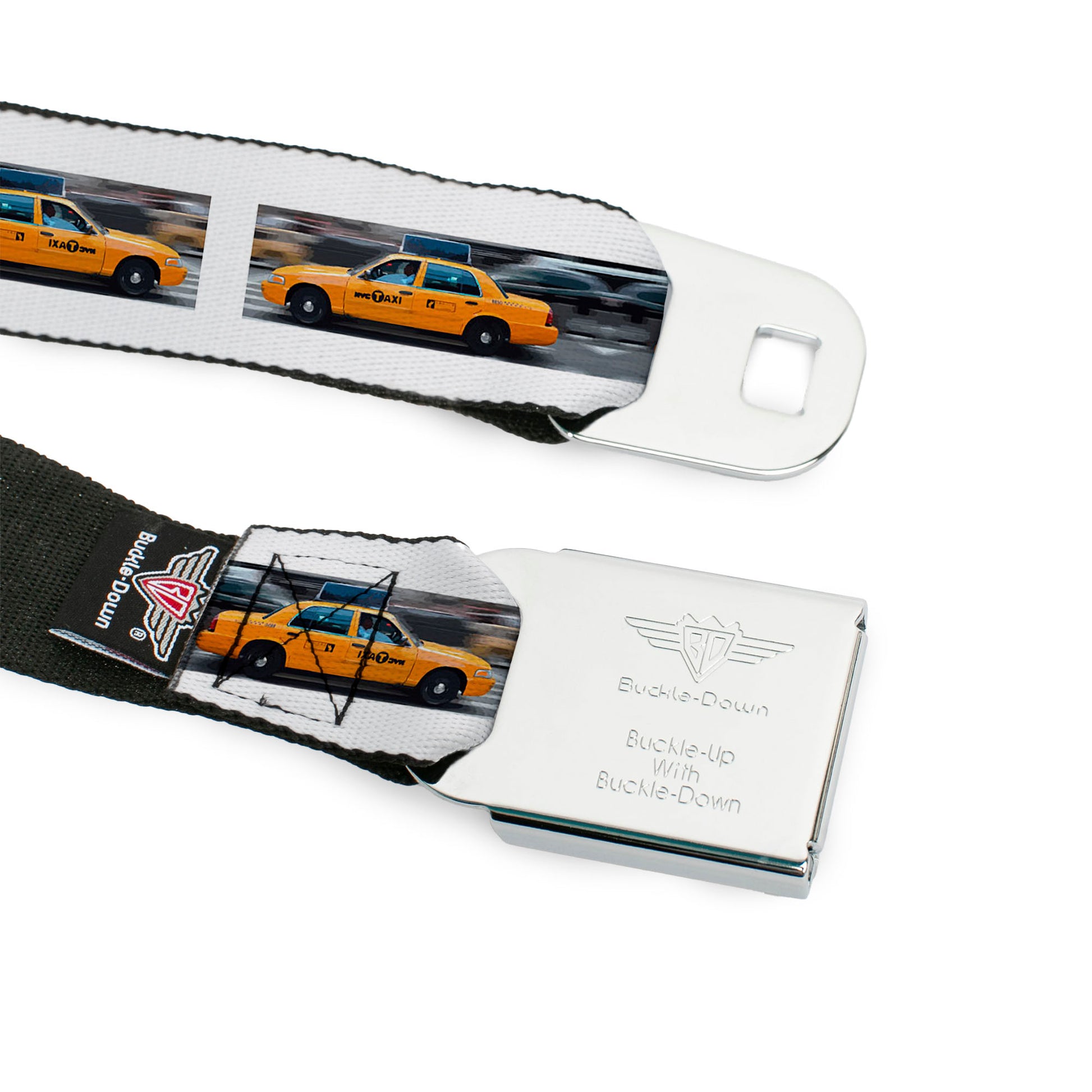 BD Wings Logo CLOSE-UP Black/Silver Seatbelt Belt - Vivid NYC Taxi Cab Street Scene Webbing Seatbelt Belts Buckle-Down