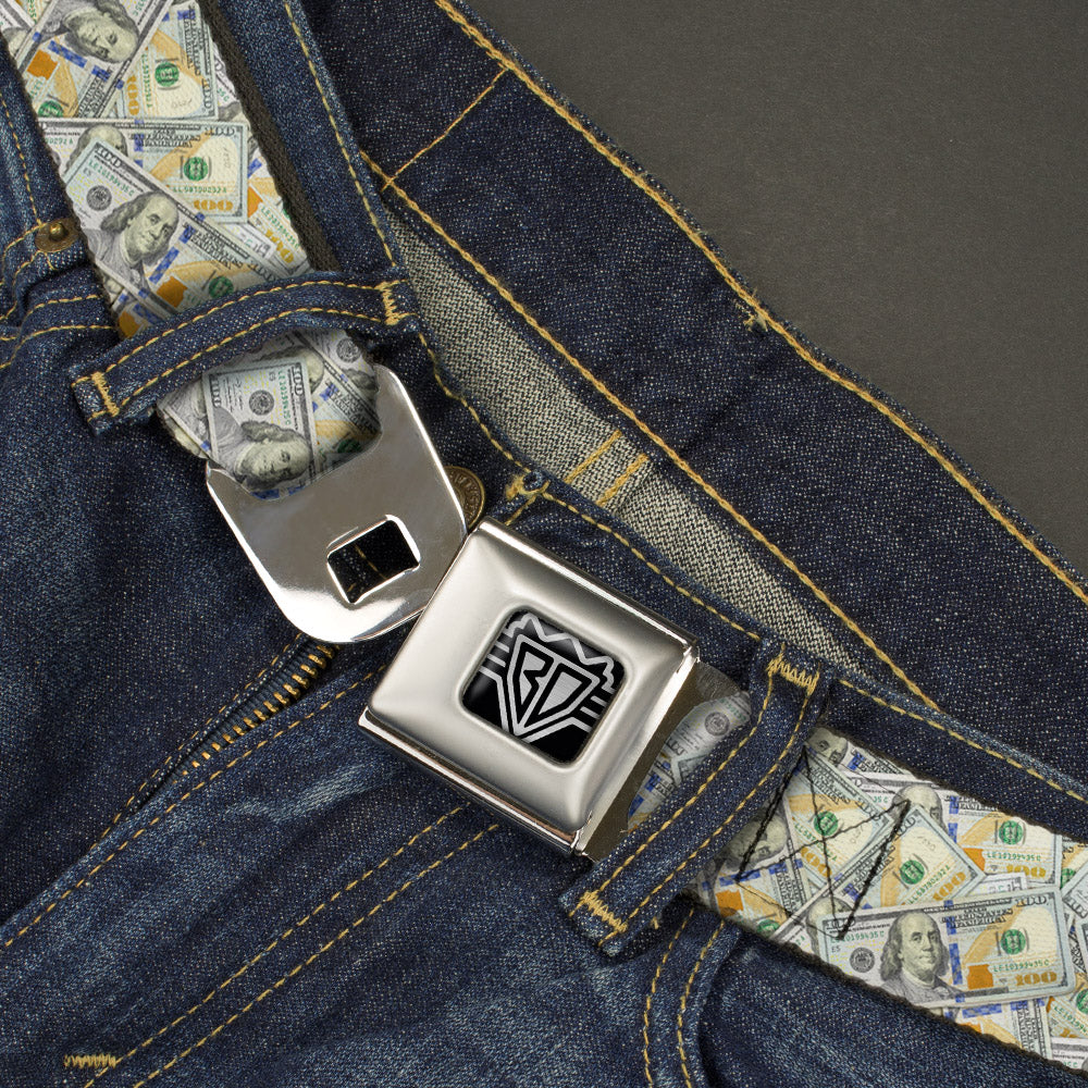 BD Wings Logo CLOSE-UP Full Color Black Silver Seatbelt Belt - Vivid 100 Dollar Bills Stacked Webbing Seatbelt Belts Buckle-Down