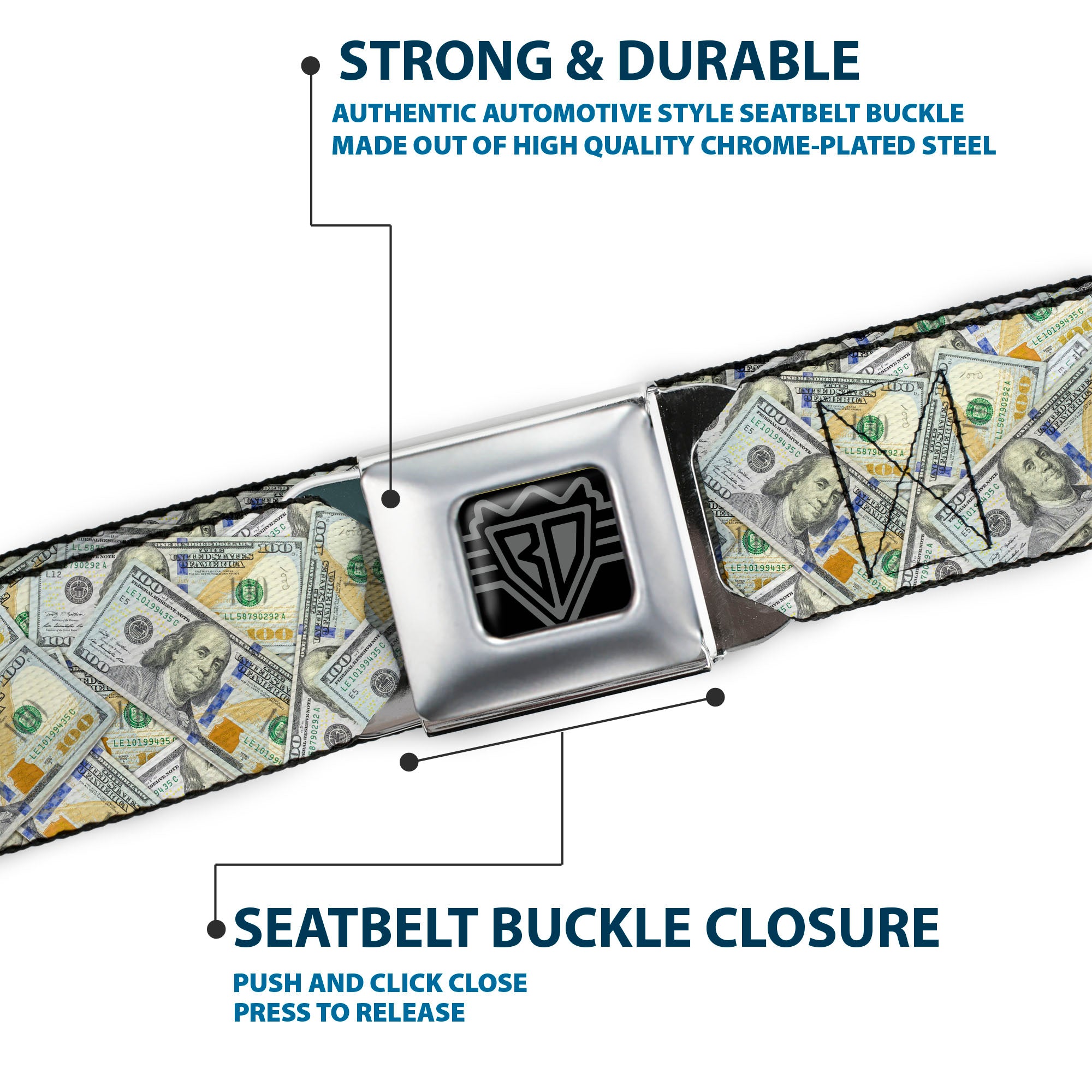 BD Wings Logo CLOSE-UP Full Color Black Silver Seatbelt Belt - Vivid 100 Dollar Bills Stacked Webbing Seatbelt Belts Buckle-Down