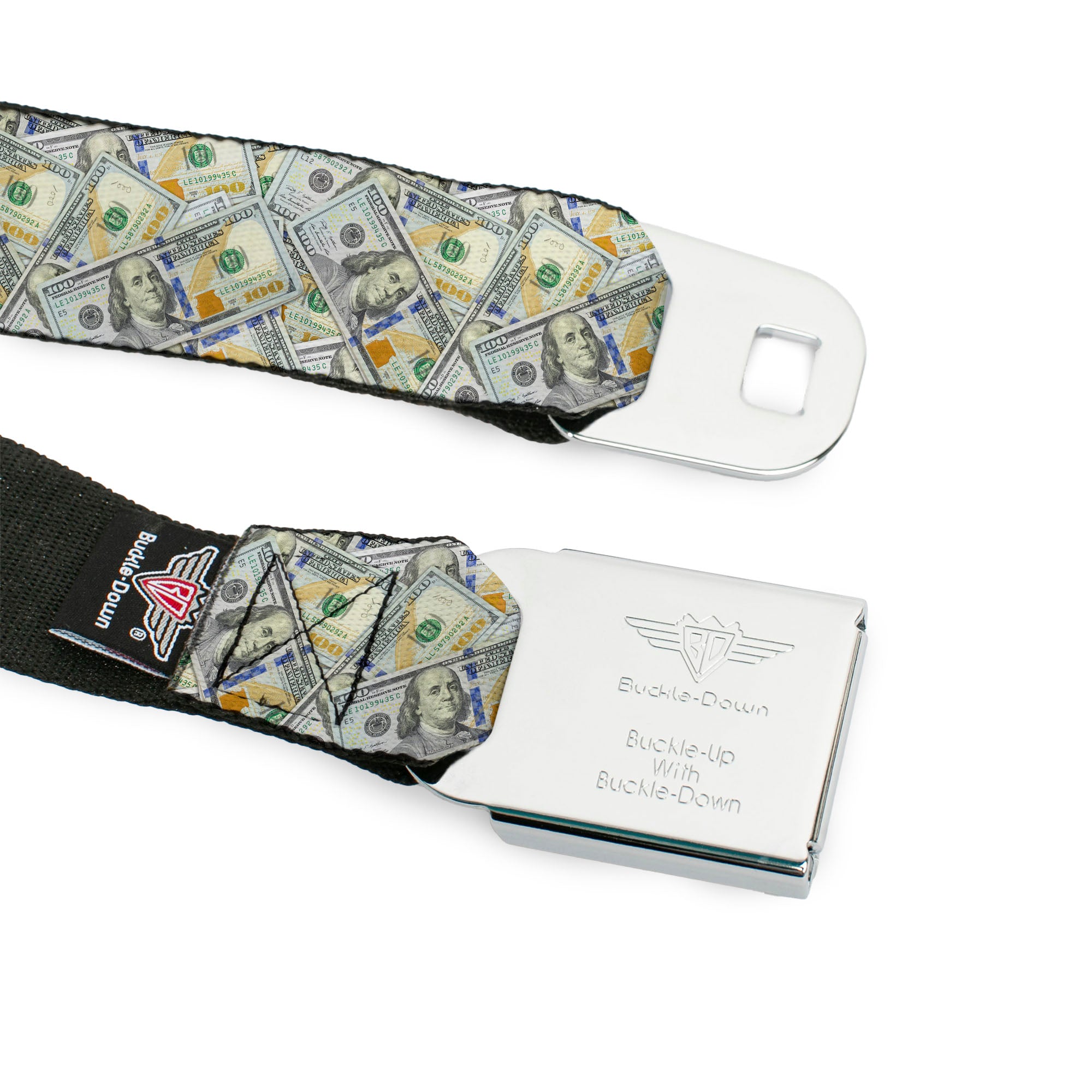 BD Wings Logo CLOSE-UP Full Color Black Silver Seatbelt Belt - Vivid 100 Dollar Bills Stacked Webbing Seatbelt Belts Buckle-Down