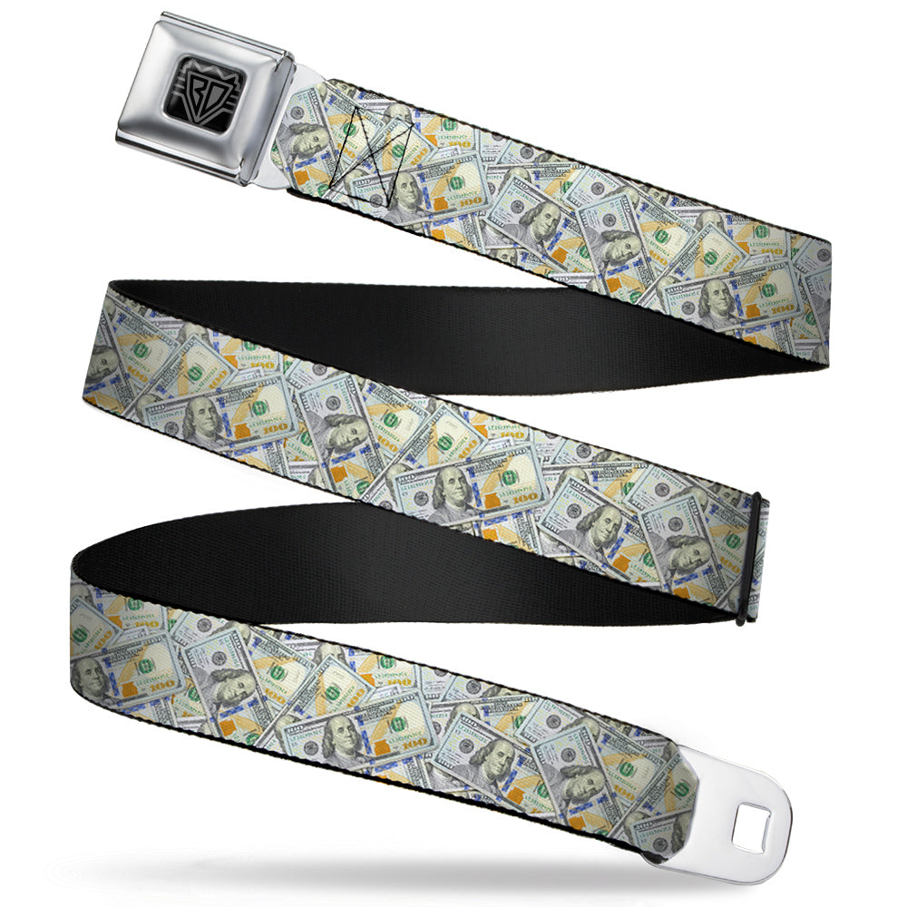 BD Wings Logo CLOSE-UP Full Color Black Silver Seatbelt Belt - Vivid 100 Dollar Bills Stacked Webbing Seatbelt Belts Buckle-Down