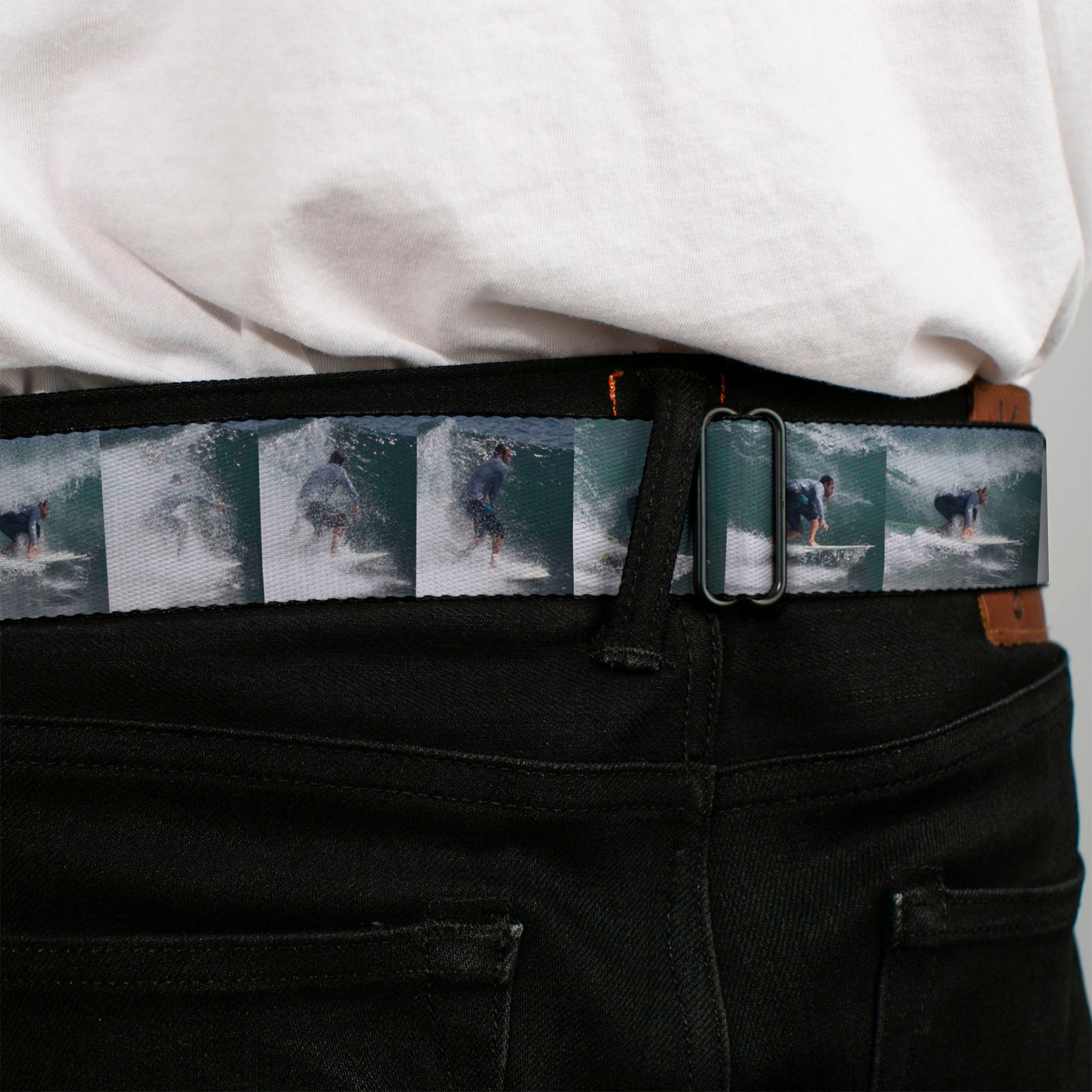 BD Wings Logo CLOSE-UP Full Color Black Silver Seatbelt Belt - Vivid Surfer Sequence Blocks Webbing Seatbelt Belts Buckle-Down