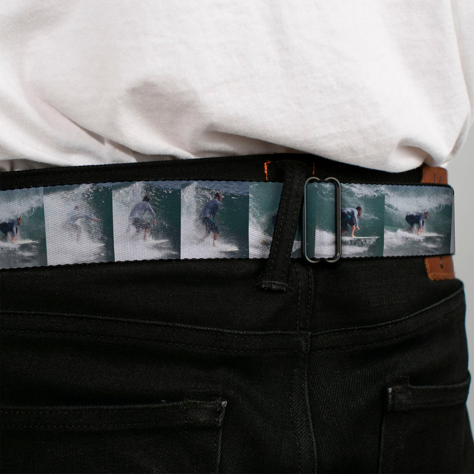 BD Wings Logo CLOSE-UP Full Color Black Silver Seatbelt Belt - Vivid Surfer Sequence Blocks Webbing Seatbelt Belts Buckle-Down