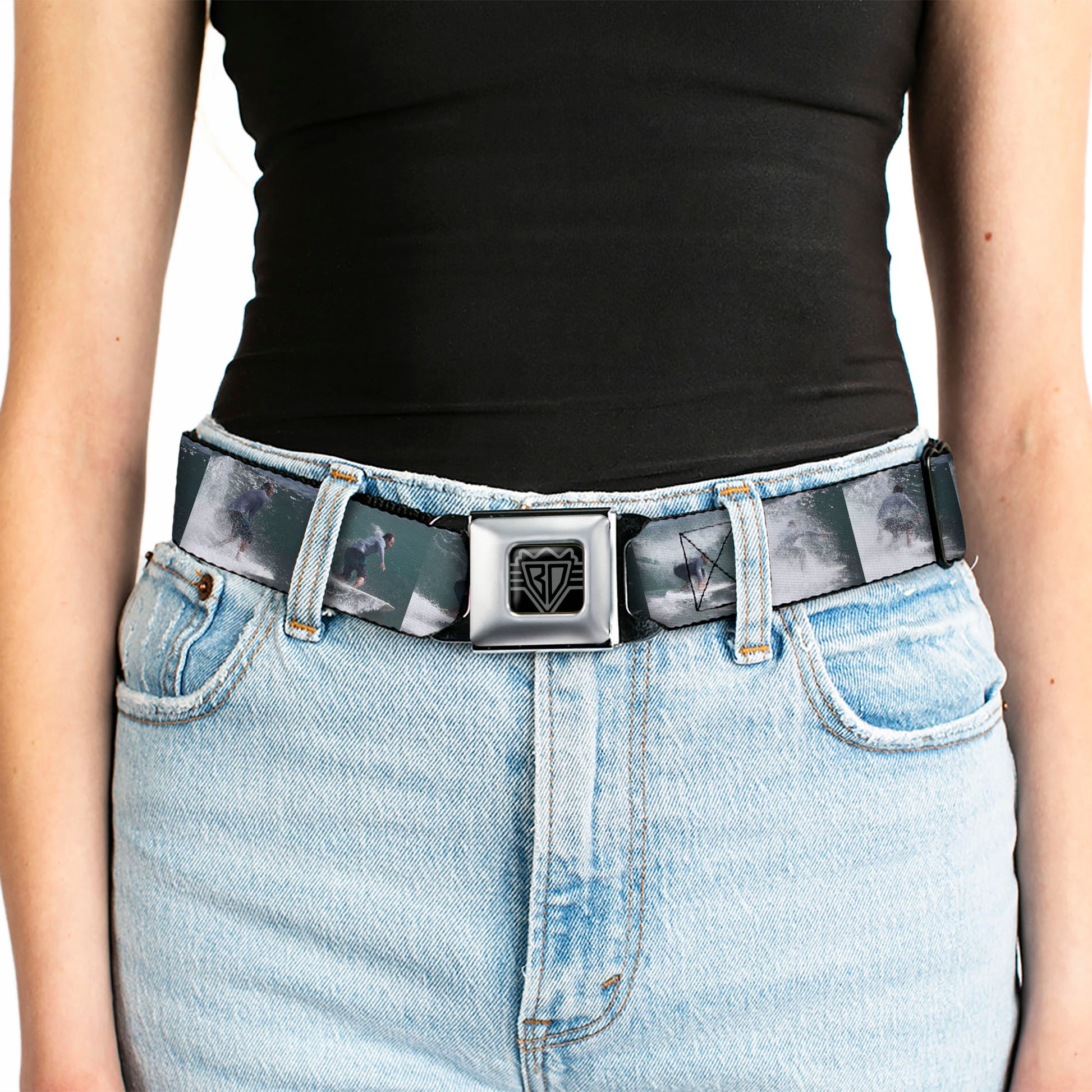 BD Wings Logo CLOSE-UP Full Color Black Silver Seatbelt Belt - Vivid Surfer Sequence Blocks Webbing Seatbelt Belts Buckle-Down
