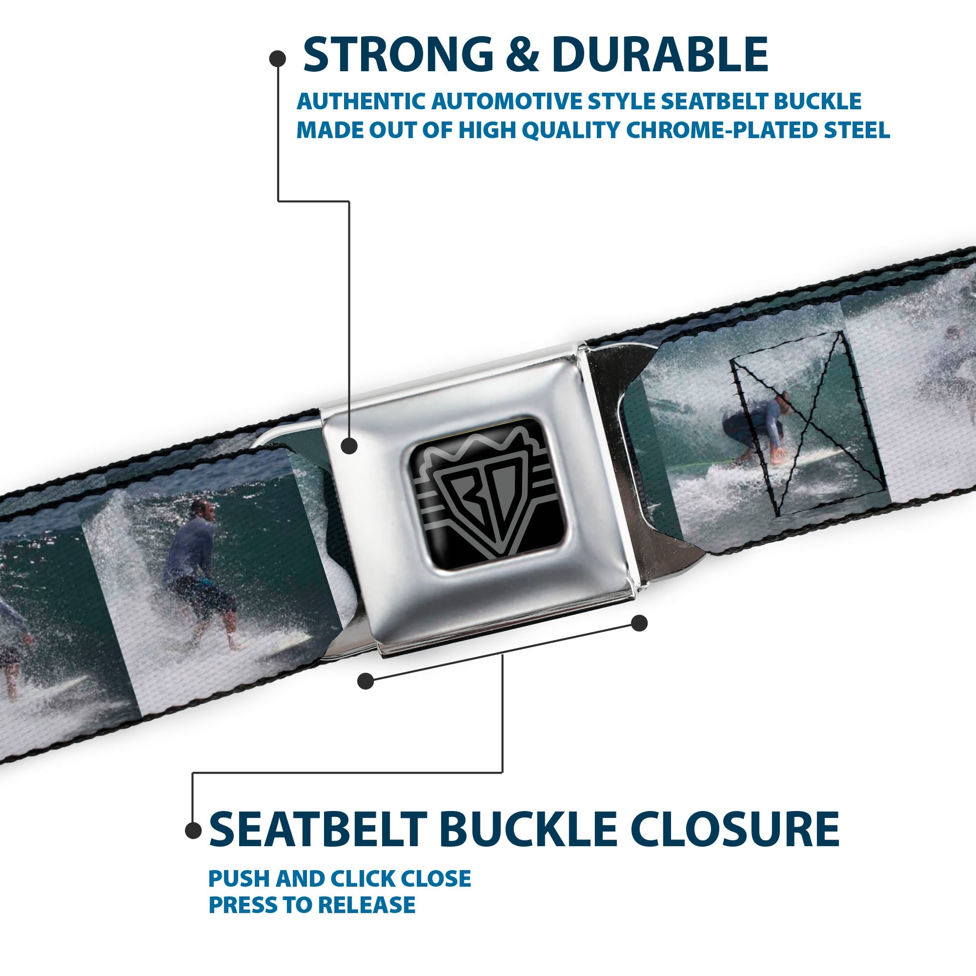 BD Wings Logo CLOSE-UP Full Color Black Silver Seatbelt Belt - Vivid Surfer Sequence Blocks Webbing Seatbelt Belts Buckle-Down