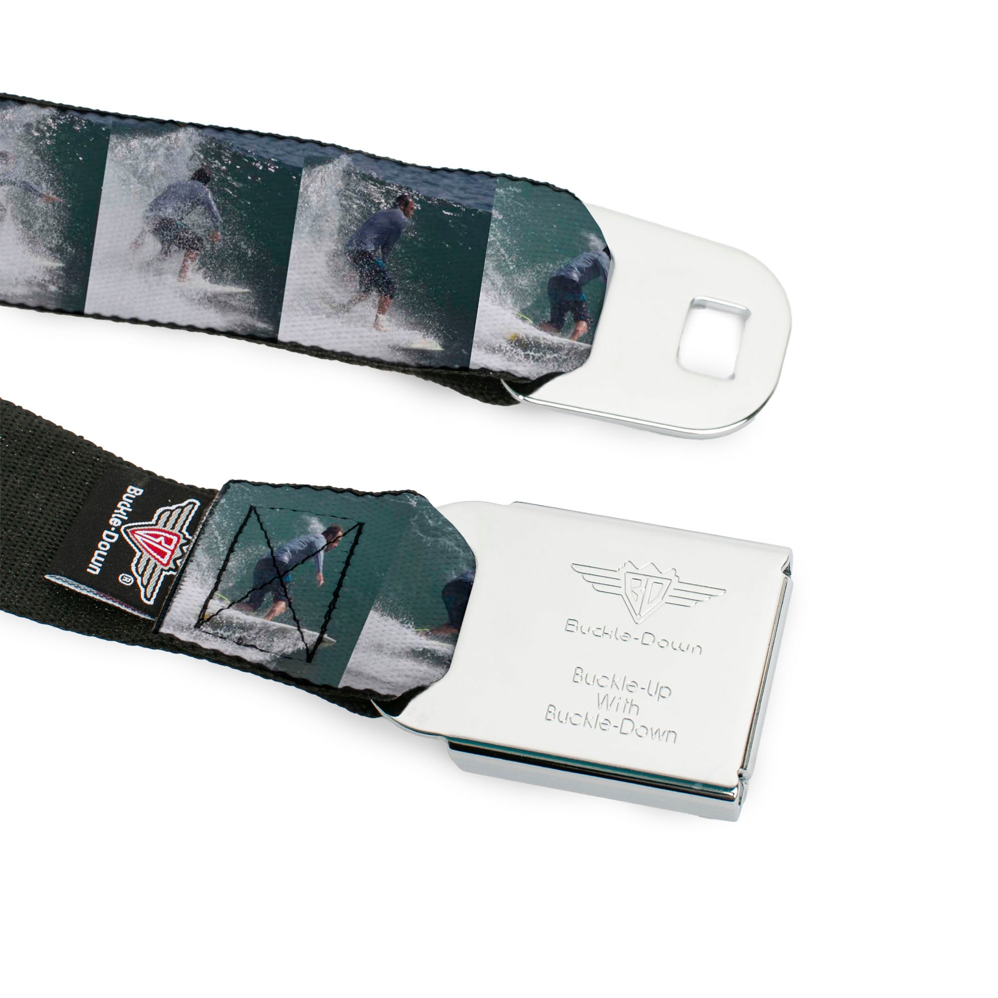 BD Wings Logo CLOSE-UP Full Color Black Silver Seatbelt Belt - Vivid Surfer Sequence Blocks Webbing Seatbelt Belts Buckle-Down