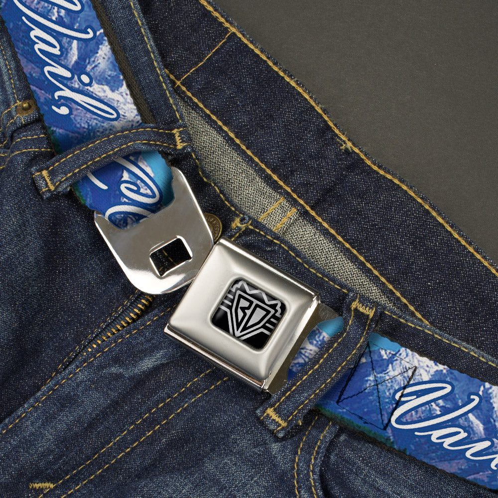 BD Wings Logo CLOSE-UP Full Color Black Silver Seatbelt Belt - Vivid VAIL, CO Script/Mountain Landscape Blues/White Webbing Seatbelt Belts Buckle-Down