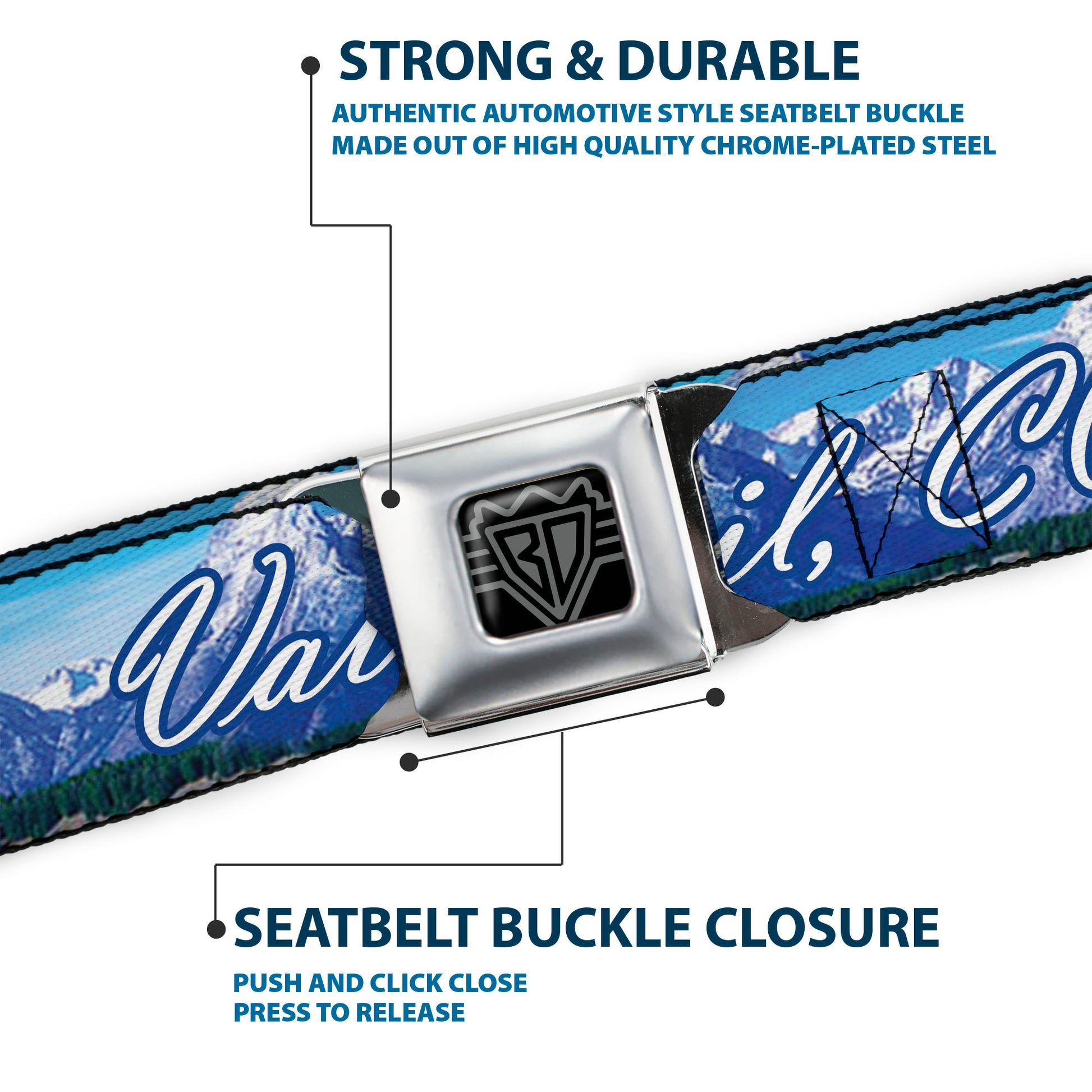 BD Wings Logo CLOSE-UP Full Color Black Silver Seatbelt Belt - Vivid VAIL, CO Script/Mountain Landscape Blues/White Webbing Seatbelt Belts Buckle-Down
