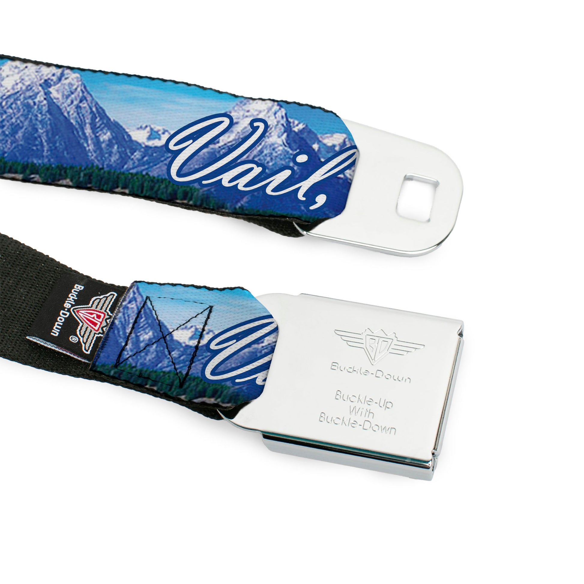 BD Wings Logo CLOSE-UP Full Color Black Silver Seatbelt Belt - Vivid VAIL, CO Script/Mountain Landscape Blues/White Webbing Seatbelt Belts Buckle-Down