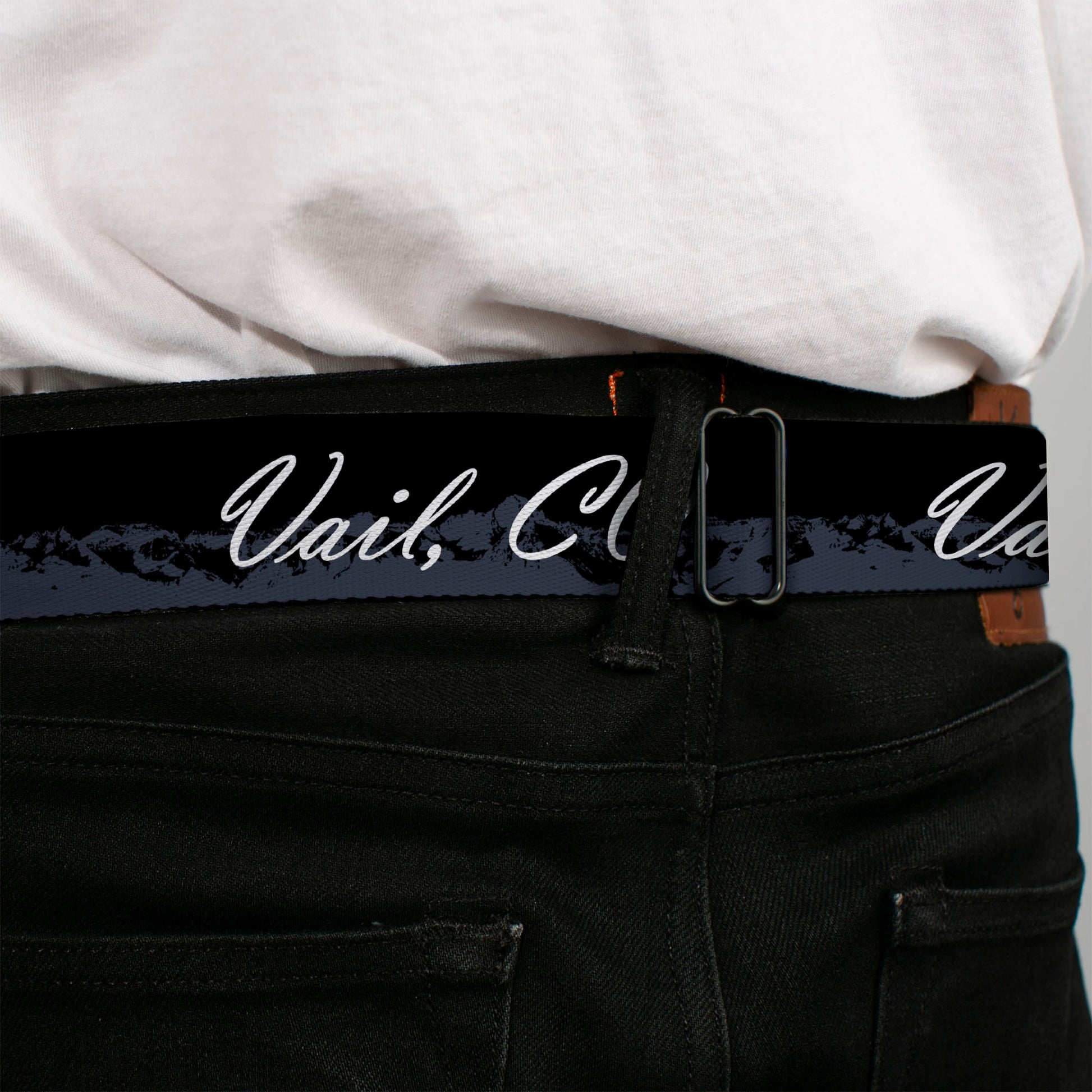 BD Wings Logo CLOSE-UP Black/Silver Seatbelt Belt - VAIL, CO Script/Mountains Black/Gray/White Webbing Seatbelt Belts Buckle-Down
