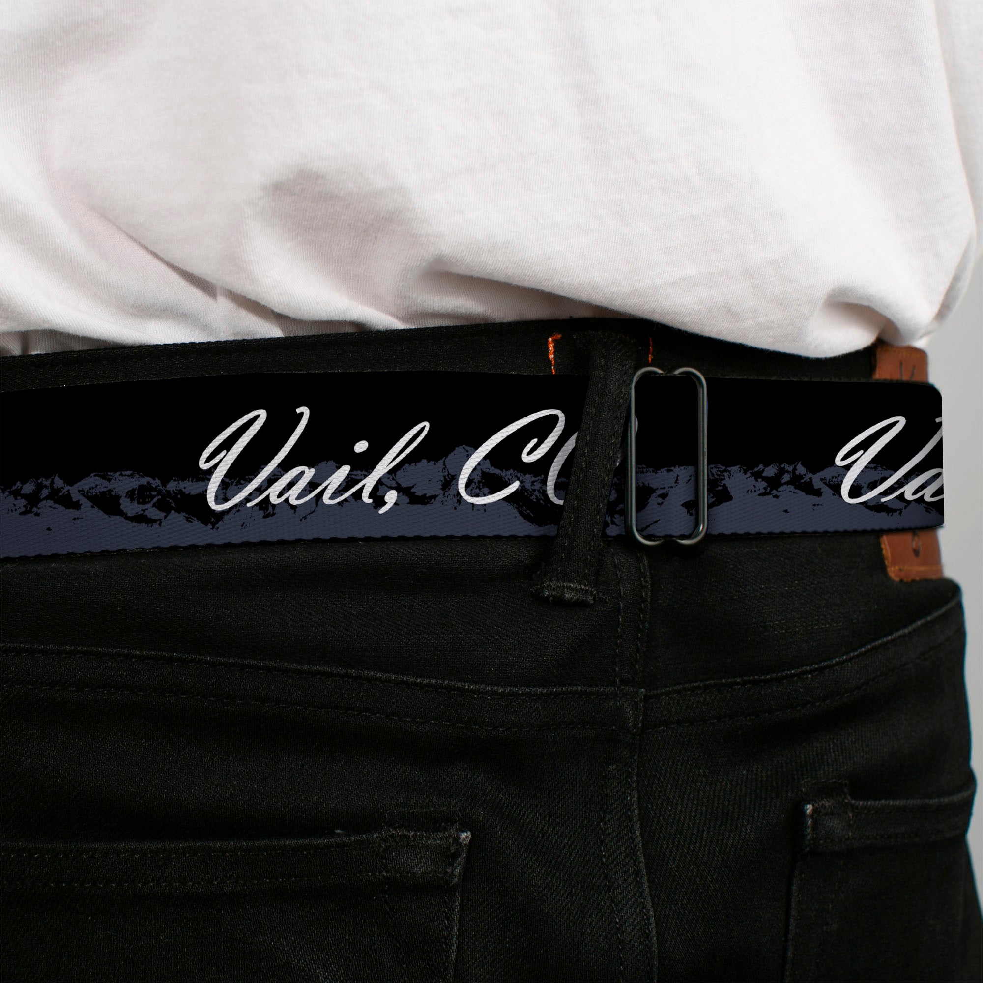 BD Wings Logo CLOSE-UP Black/Silver Seatbelt Belt - VAIL, CO Script/Mountains Black/Gray/White Webbing Seatbelt Belts Buckle-Down