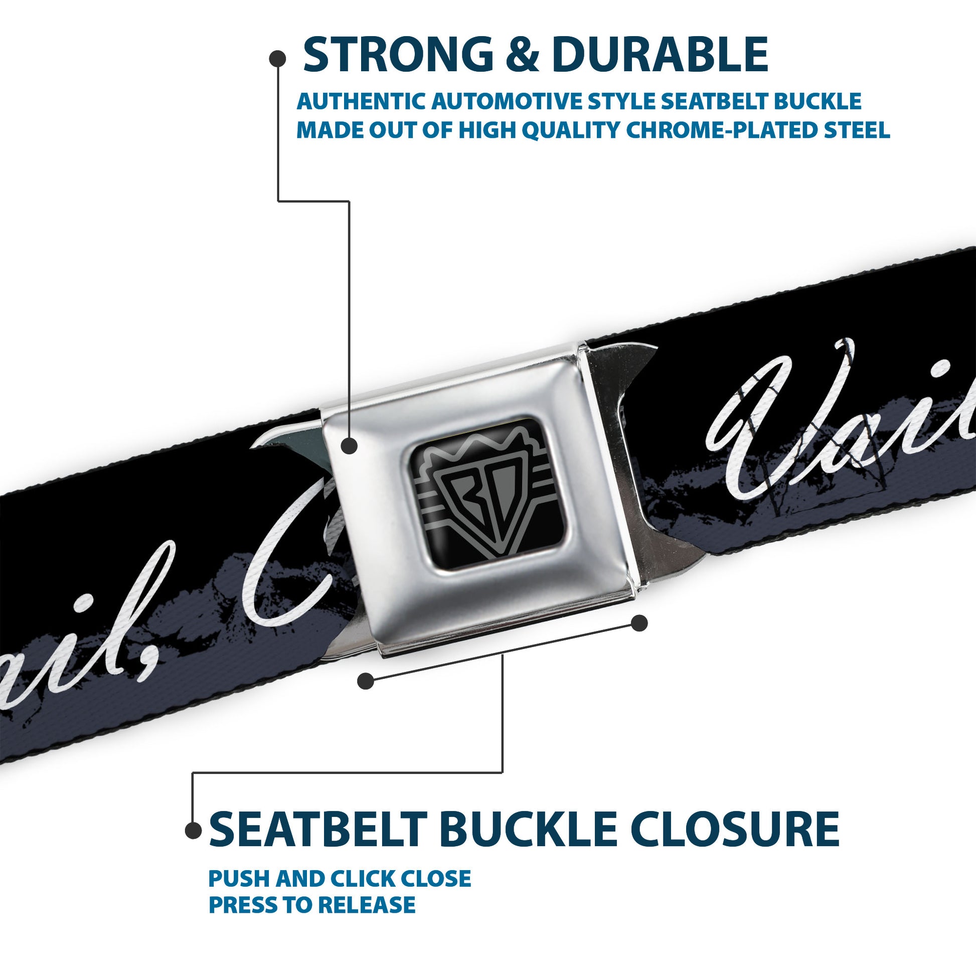 BD Wings Logo CLOSE-UP Black/Silver Seatbelt Belt - VAIL, CO Script/Mountains Black/Gray/White Webbing Seatbelt Belts Buckle-Down