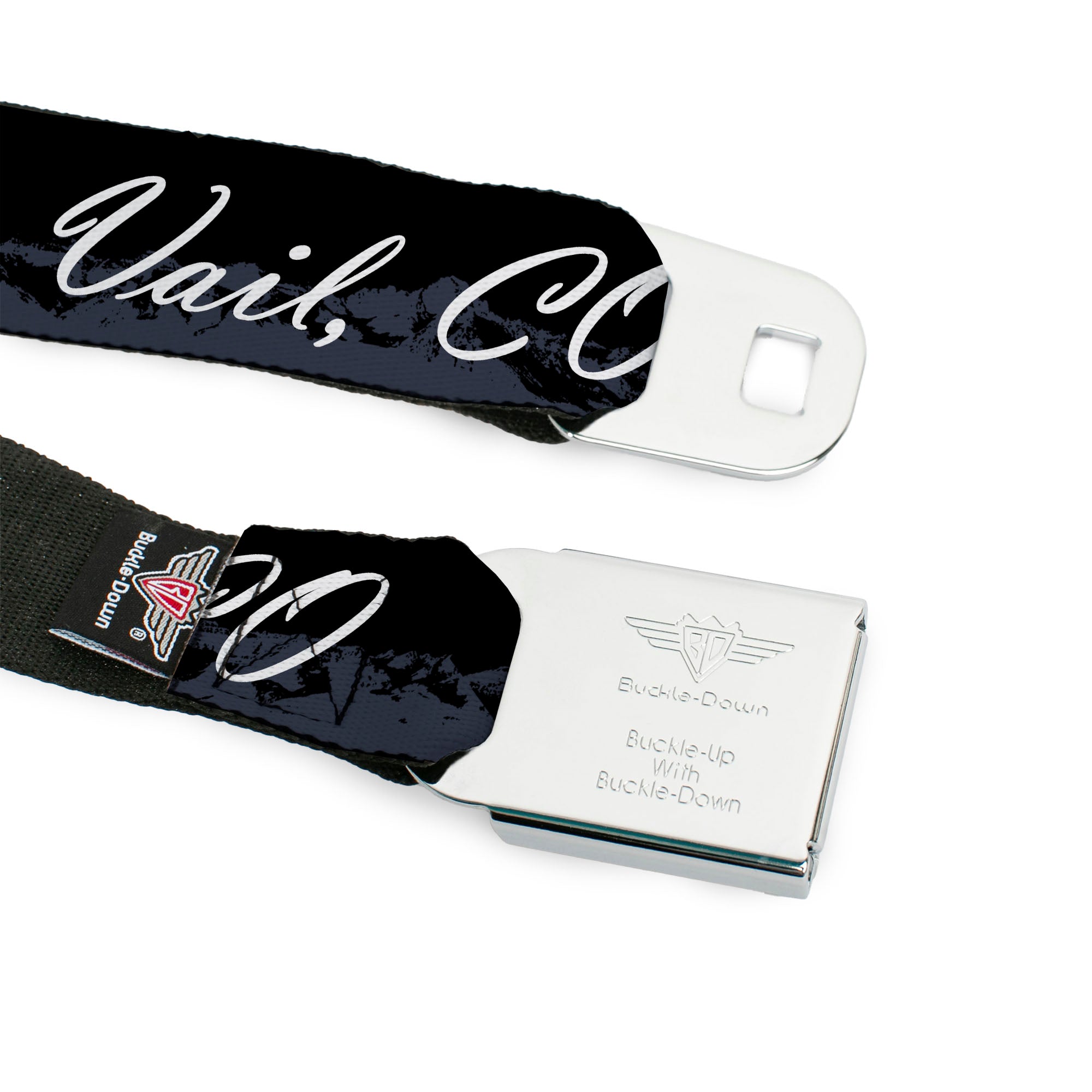 BD Wings Logo CLOSE-UP Black/Silver Seatbelt Belt - VAIL, CO Script/Mountains Black/Gray/White Webbing Seatbelt Belts Buckle-Down