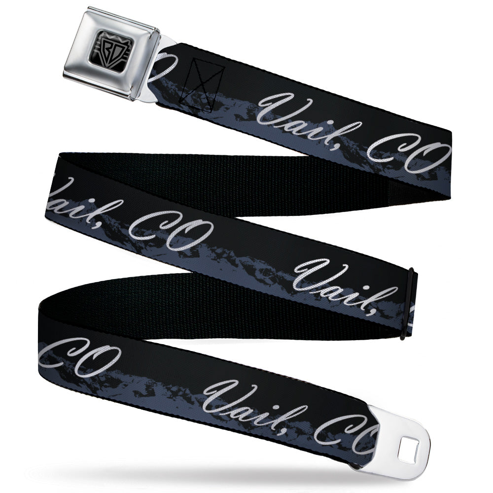 BD Wings Logo CLOSE-UP Black/Silver Seatbelt Belt - VAIL, CO Script/Mountains Black/Gray/White Webbing Seatbelt Belts Buckle-Down