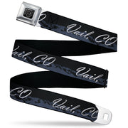 BD Wings Logo CLOSE-UP Black/Silver Seatbelt Belt - VAIL, CO Script/Mountains Black/Gray/White Webbing Seatbelt Belts Buckle-Down