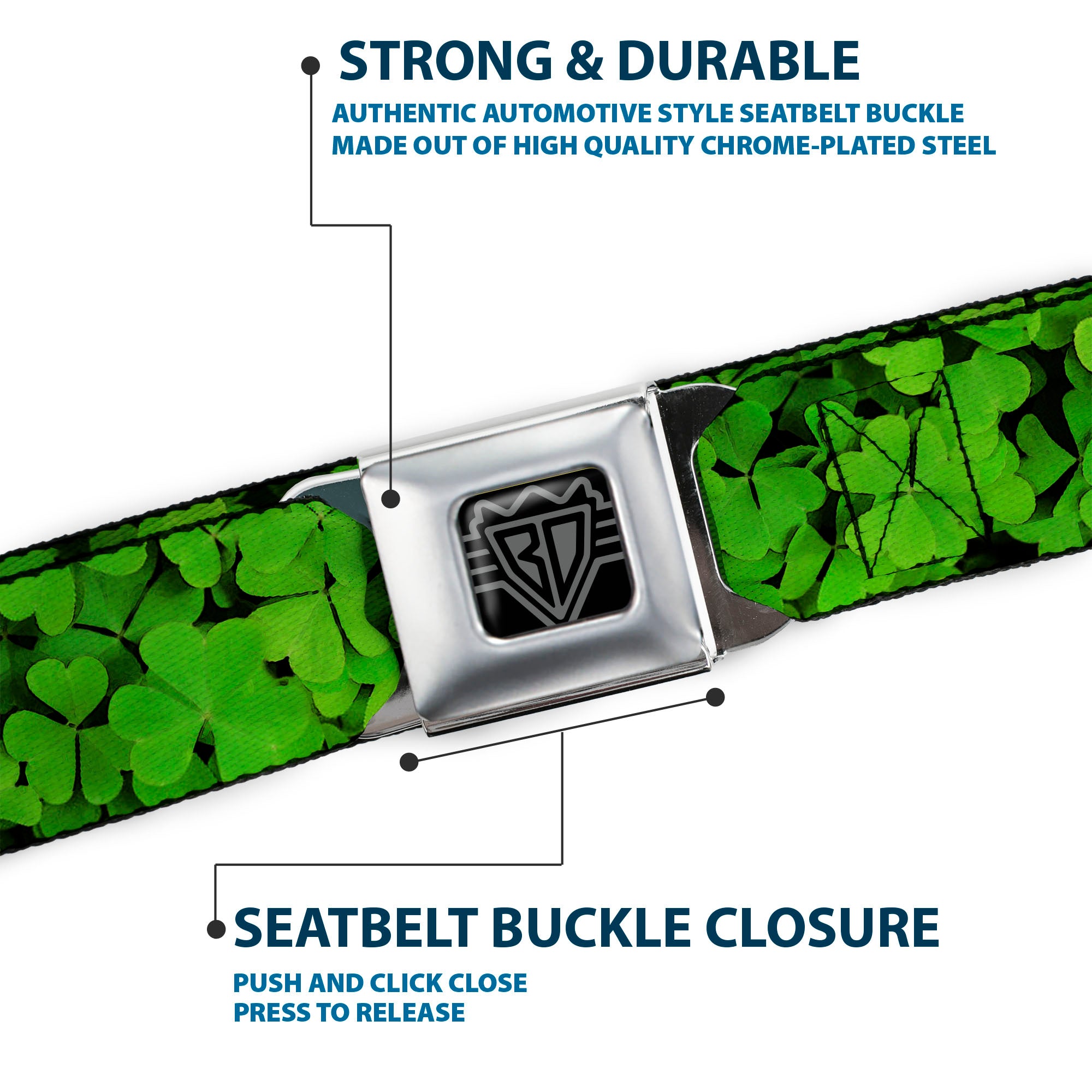 BD Wings Logo CLOSE-UP Full Color Black Silver Seatbelt Belt - Vivid Shamrocks Stacked Webbing Seatbelt Belts Buckle-Down