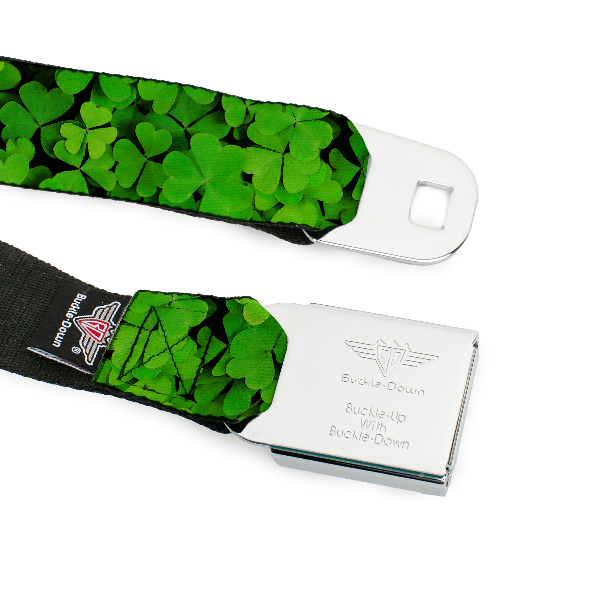 BD Wings Logo CLOSE-UP Full Color Black Silver Seatbelt Belt - Vivid Shamrocks Stacked Webbing Seatbelt Belts Buckle-Down